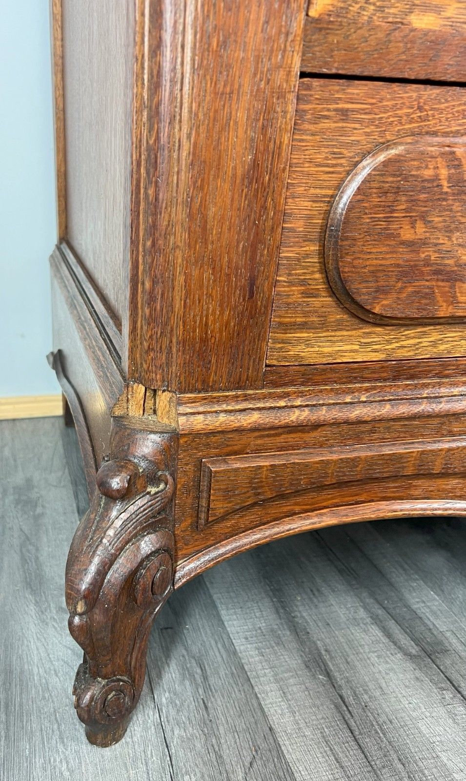 Chest Of Drawers Antique French Style Marble Top Brass Oak Cabinet Lot 4052 photo vintage
