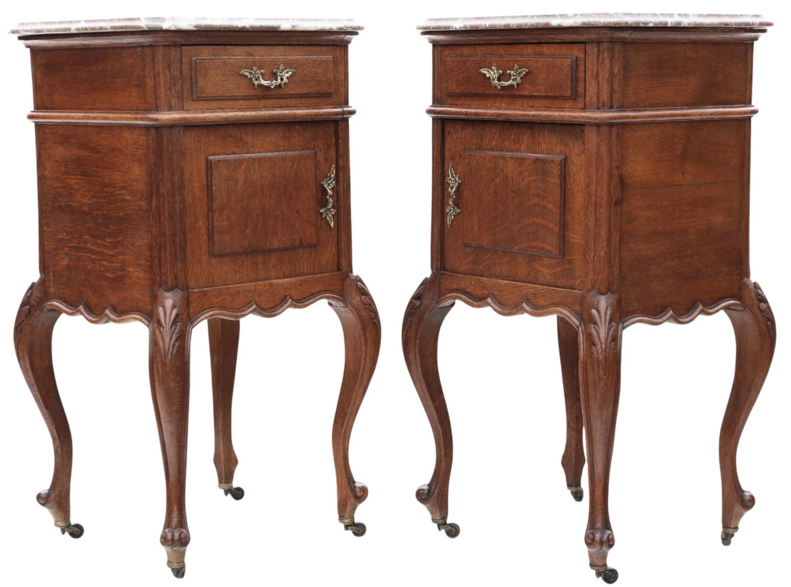 Antique C.1910 Oak Pair Of Marble Top Bedside Tables – Fine Quality Nightstands photo furniture
