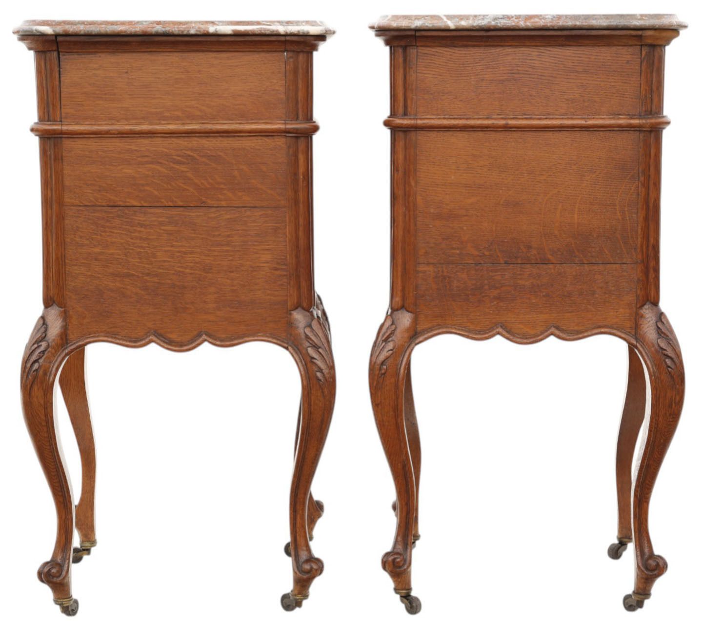 photo for sale Antique C.1910 Oak Pair Of Marble Top Bedside Tables – Fine Quality Nightstands