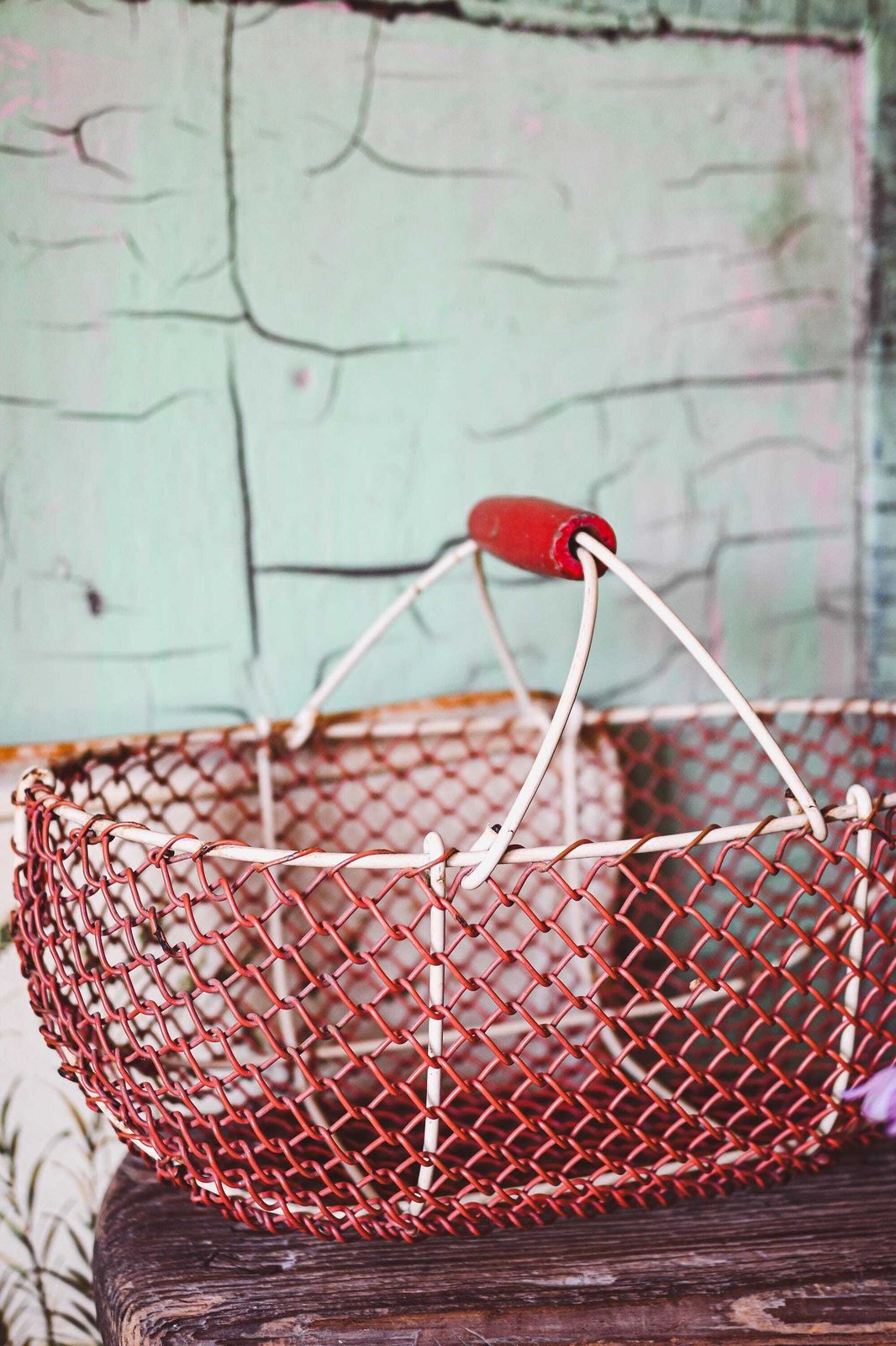 Rustic Red Wire Basket With Wooden Handle   Versatile Storage Solution For Home And Garden