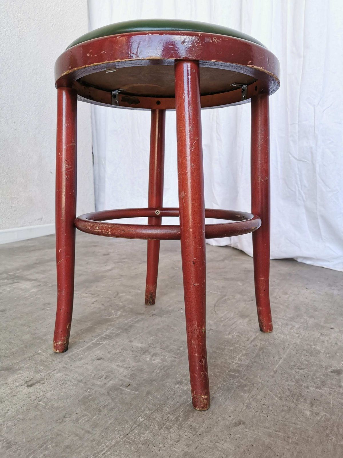 Vintage Wooden Irish Pub Stool With Green Leather Seat / 1970s / Thonet Style Small Bar Chairs With Bentwood Technique photo furniture