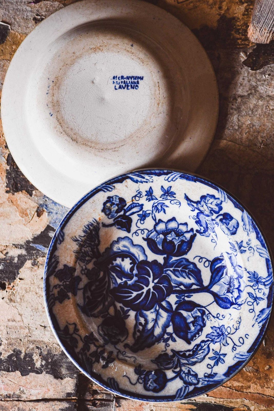 Antique Italian Blue Floral Plates With Intricate Details And Aged Patina   Antique Dining Decor photo vinterior
