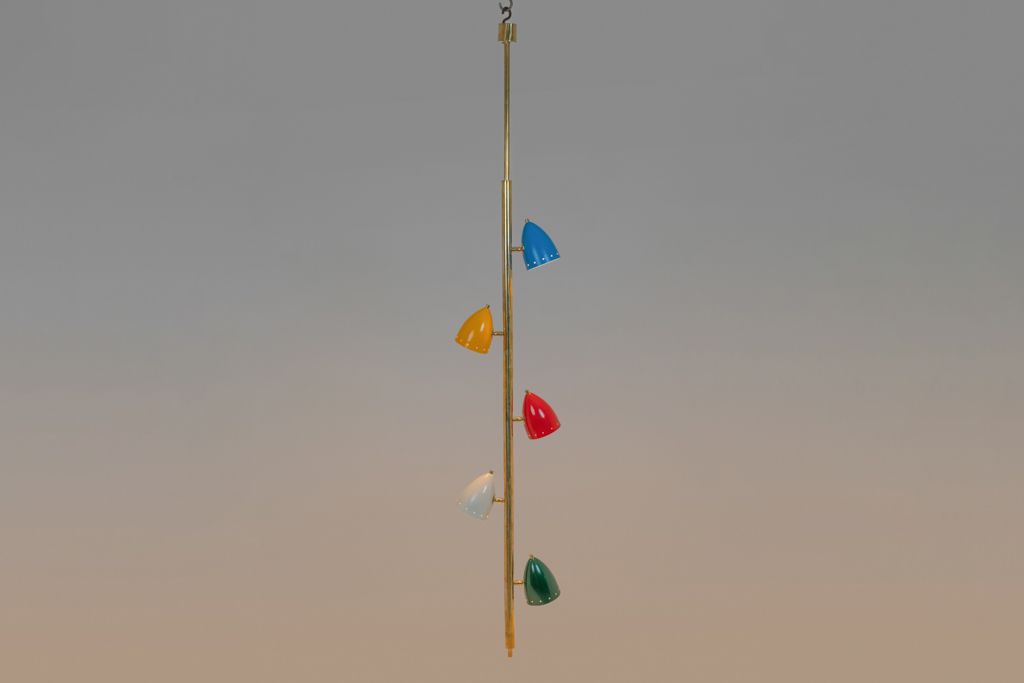 Tubular Hanging Lamp In Patinated And Lacquered Brass. Contemporary photo Lighting