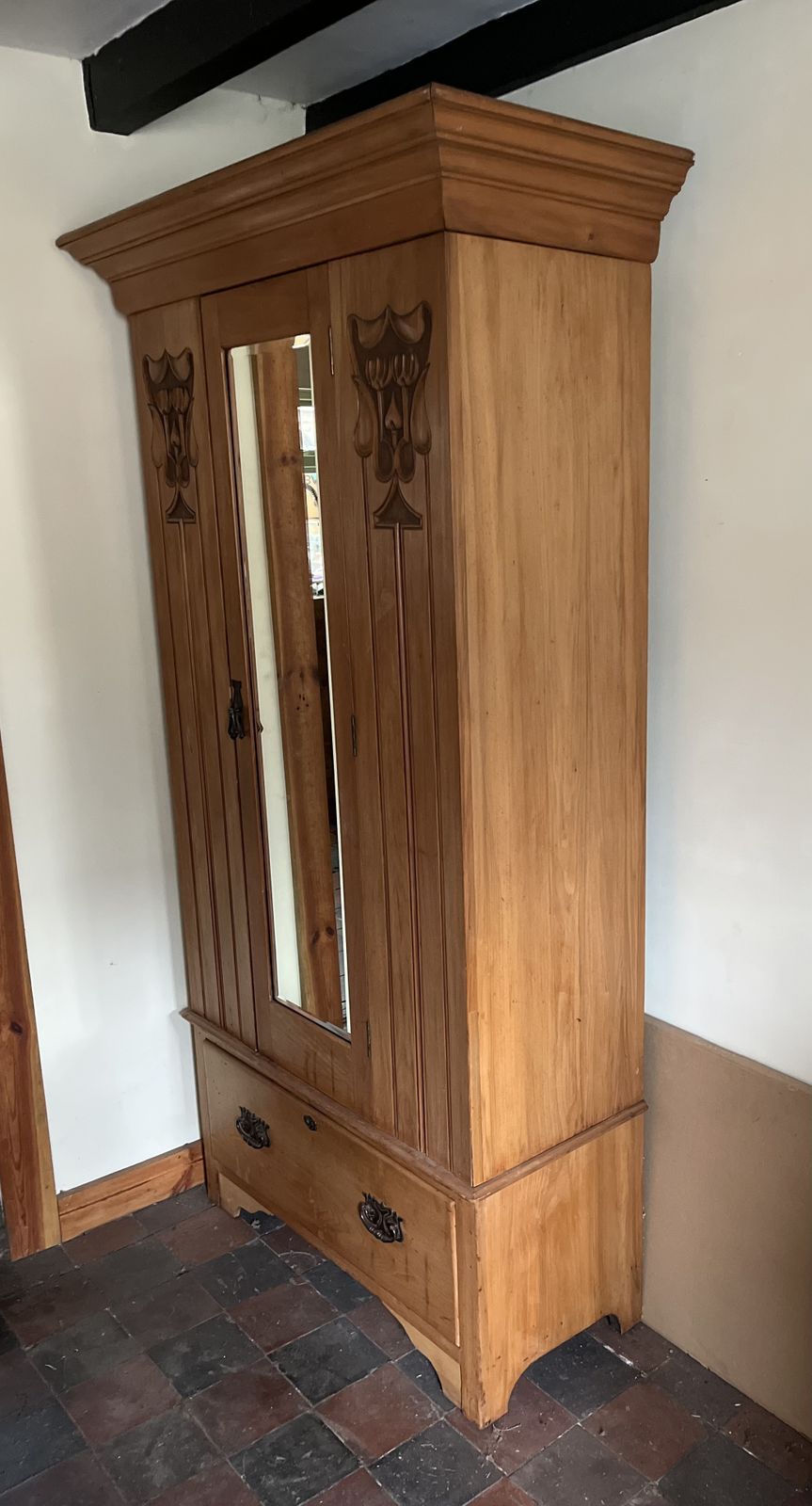 Elegant, Edwardian, Carved Satinwood, Mirrored Wardrobe photo for sale