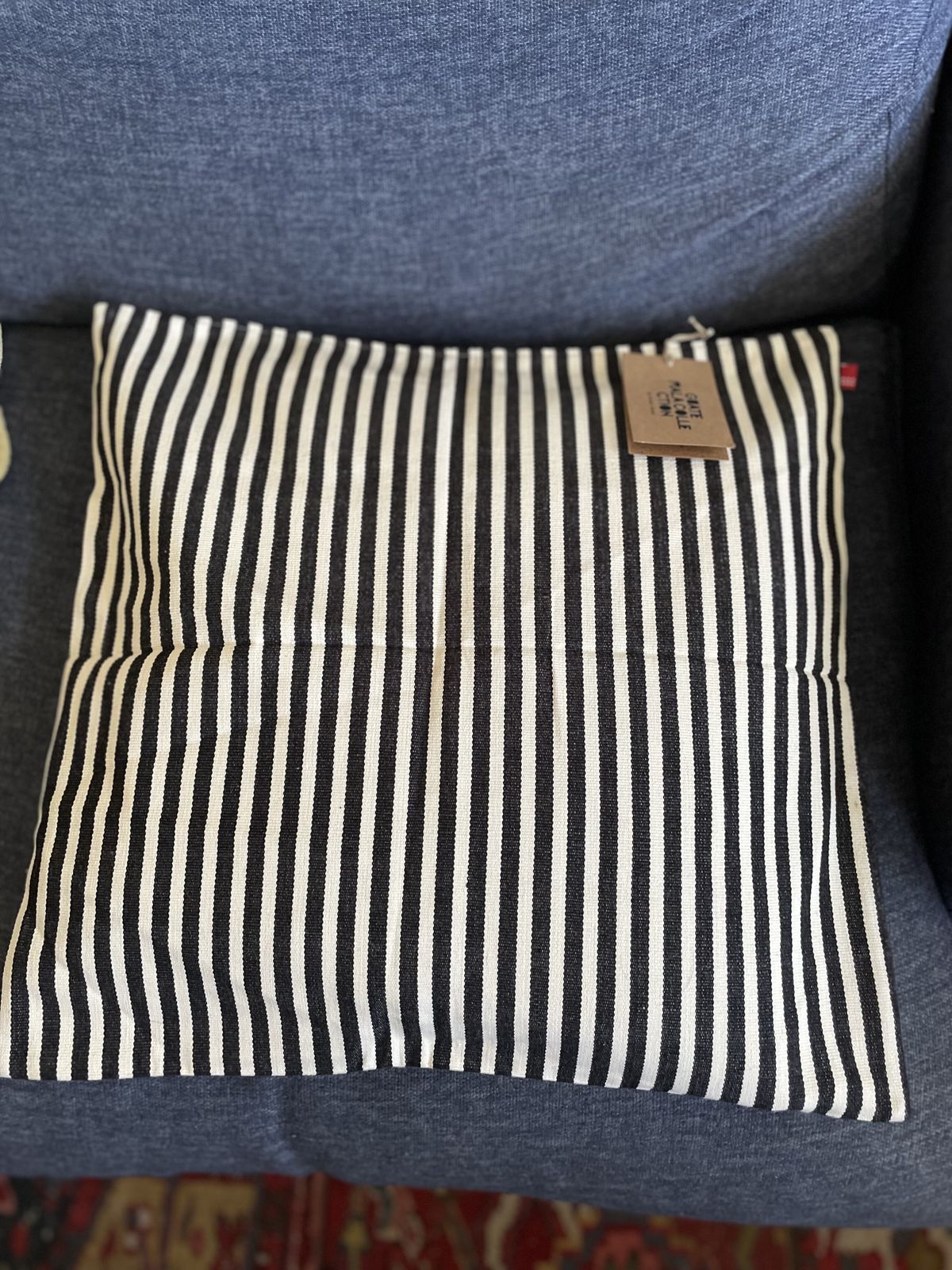 Vintage Black & White Thin Striped Block Printed Cushion Cover By Mira Maya photo for sale