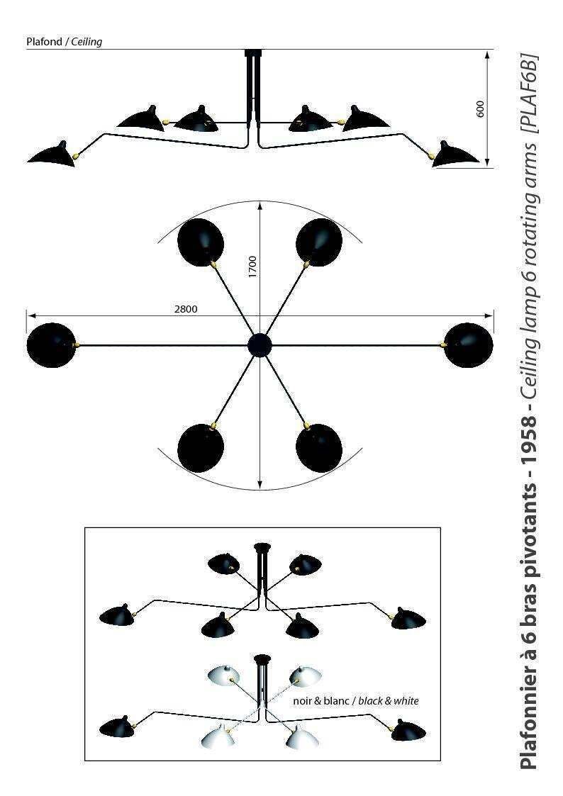 Serge Mouille Ceiling Pendant Lamp 6 Rotating Arms In Black And White For Sognot photo for sale