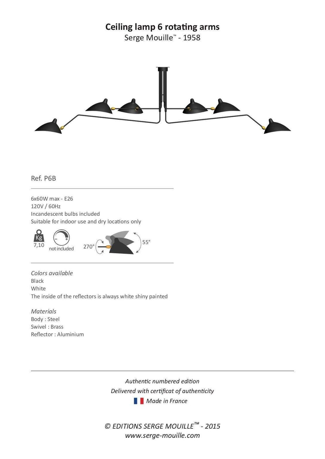 Serge Mouille Ceiling Pendant Lamp 6 Rotating Arms In Black And White For Sognot photo Lighting