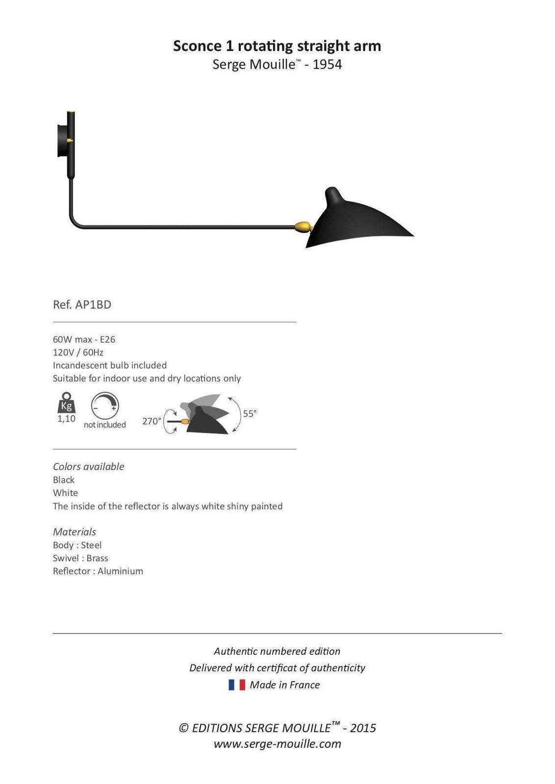 Sconce Serge Mouille Applique Model "One Rotating Straight Arm" Black Or White photo Lighting