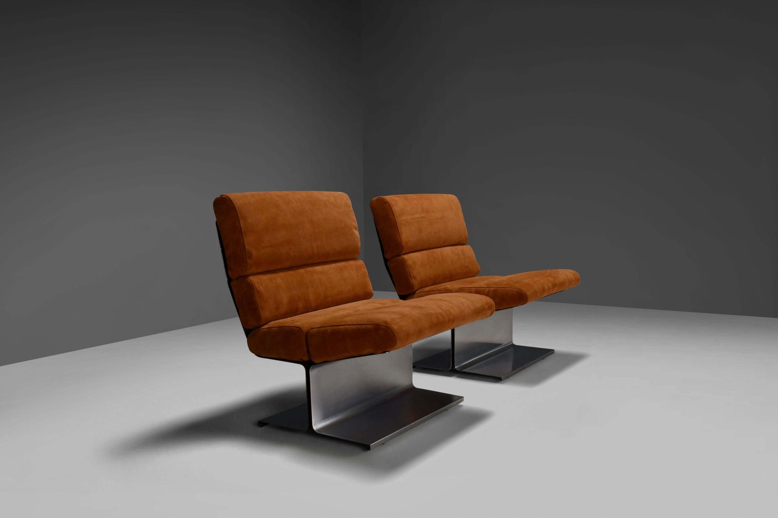 Very Rare Pair Of Leather And Steel Lounge Chairs By Paul Geoffroy For Uginox photo Furniture
