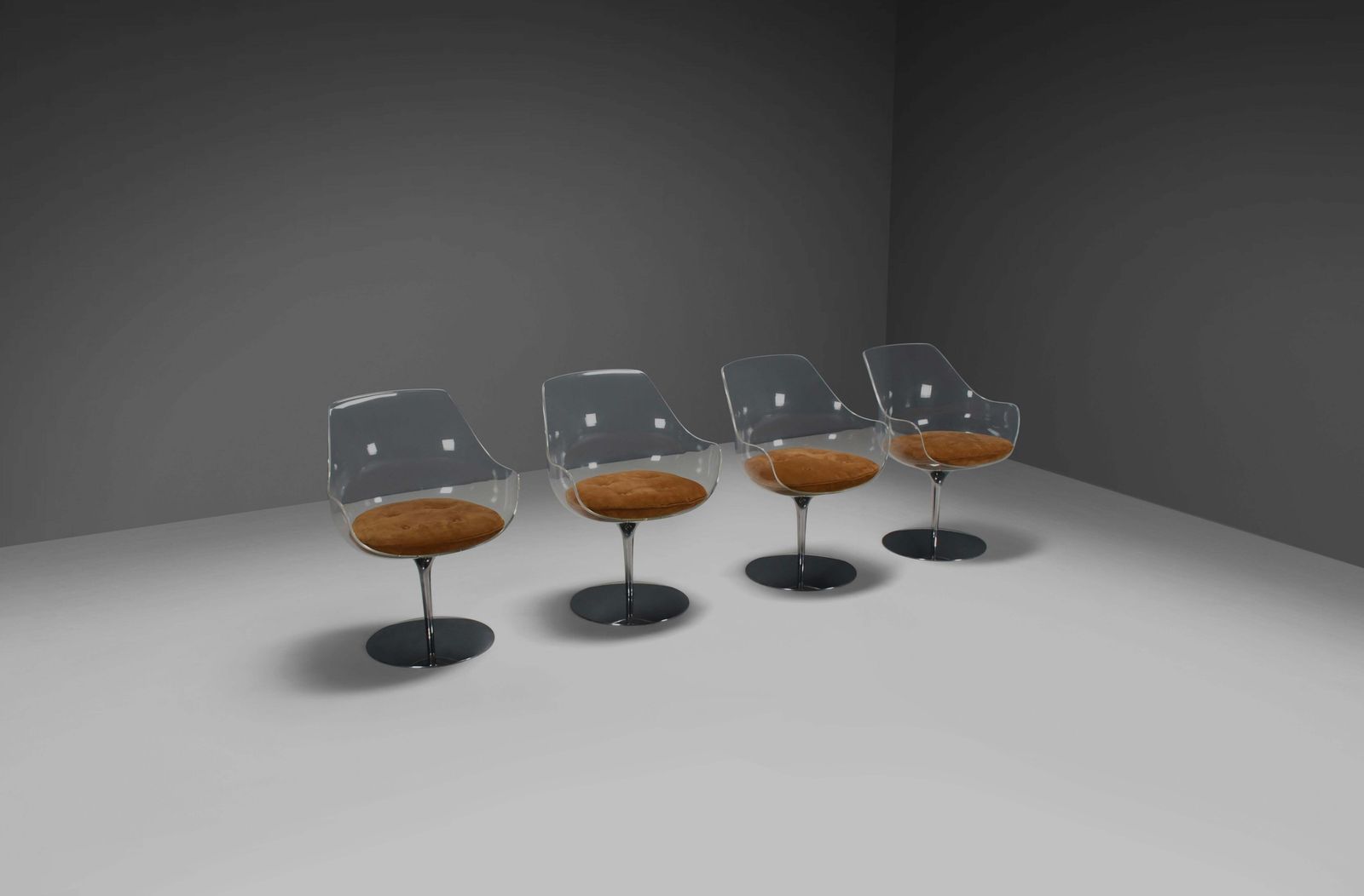 Set Of Four Champagne Chairs By Estelle & Erwine Laverne In Suede And Lucite photo furniture