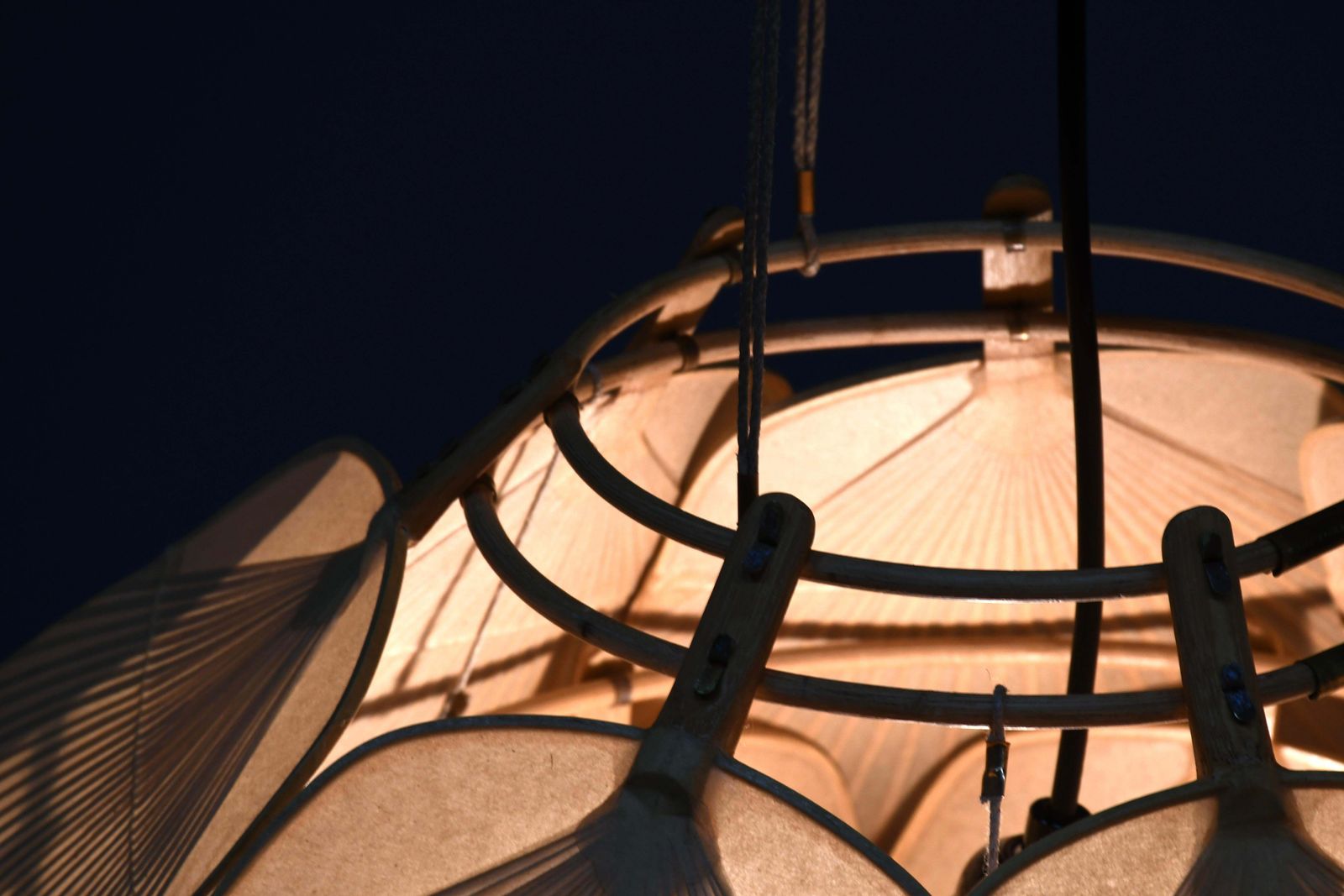 photo for sale Beautiful Uchiwa ‘Ju Yon’ Chandelier By Ingo Maurer, Germany, 1970s
