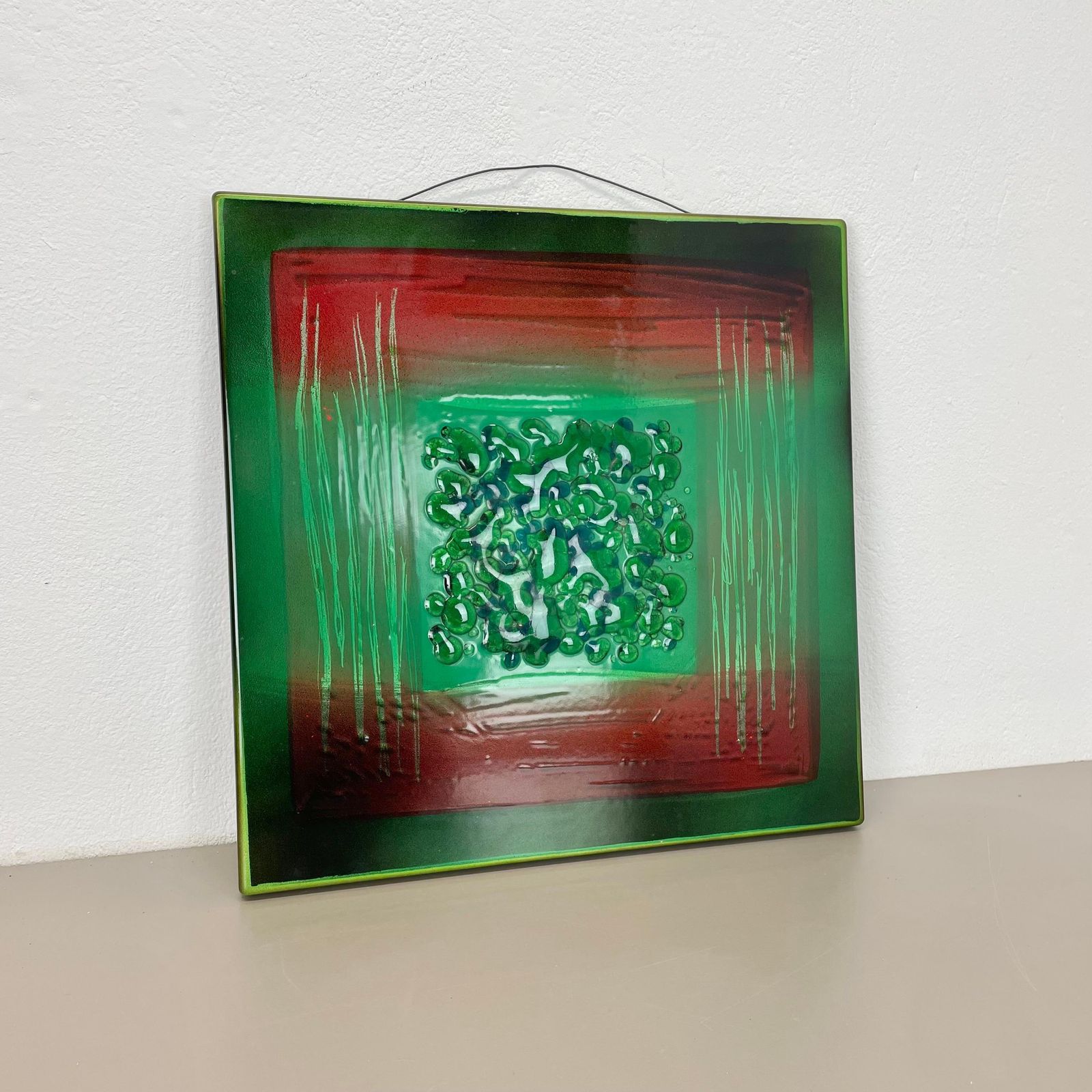 Unique Handmade Large 40x40cm West German Enamel Metal Wall Plate "Green", 1980s photo for sale