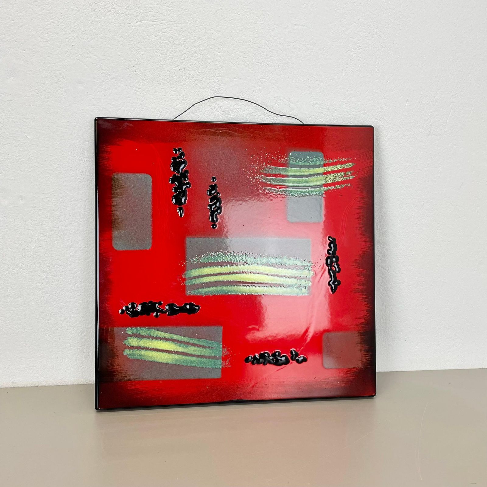 Unique Handmade Large 40x40cm West German Enamel Metal Wall Plate "Red", 1980s photo furniture