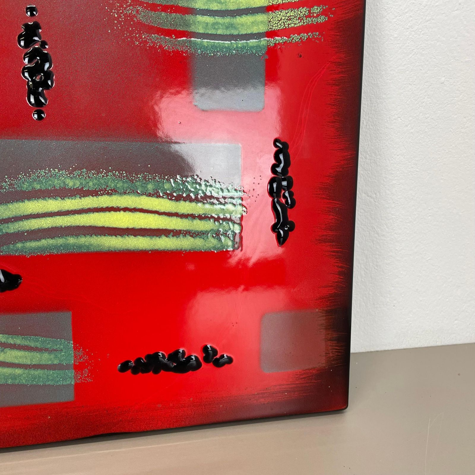 Unique Handmade Large 40x40cm West German Enamel Metal Wall Plate "Red", 1980s photo vinterior