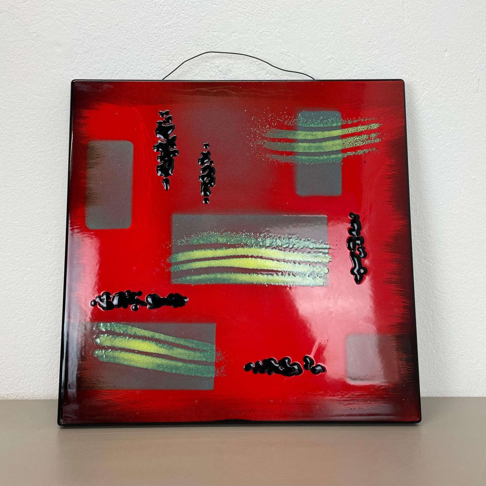 Unique Handmade Large 40x40cm West German Enamel Metal Wall Plate "Red", 1980s photo vintage