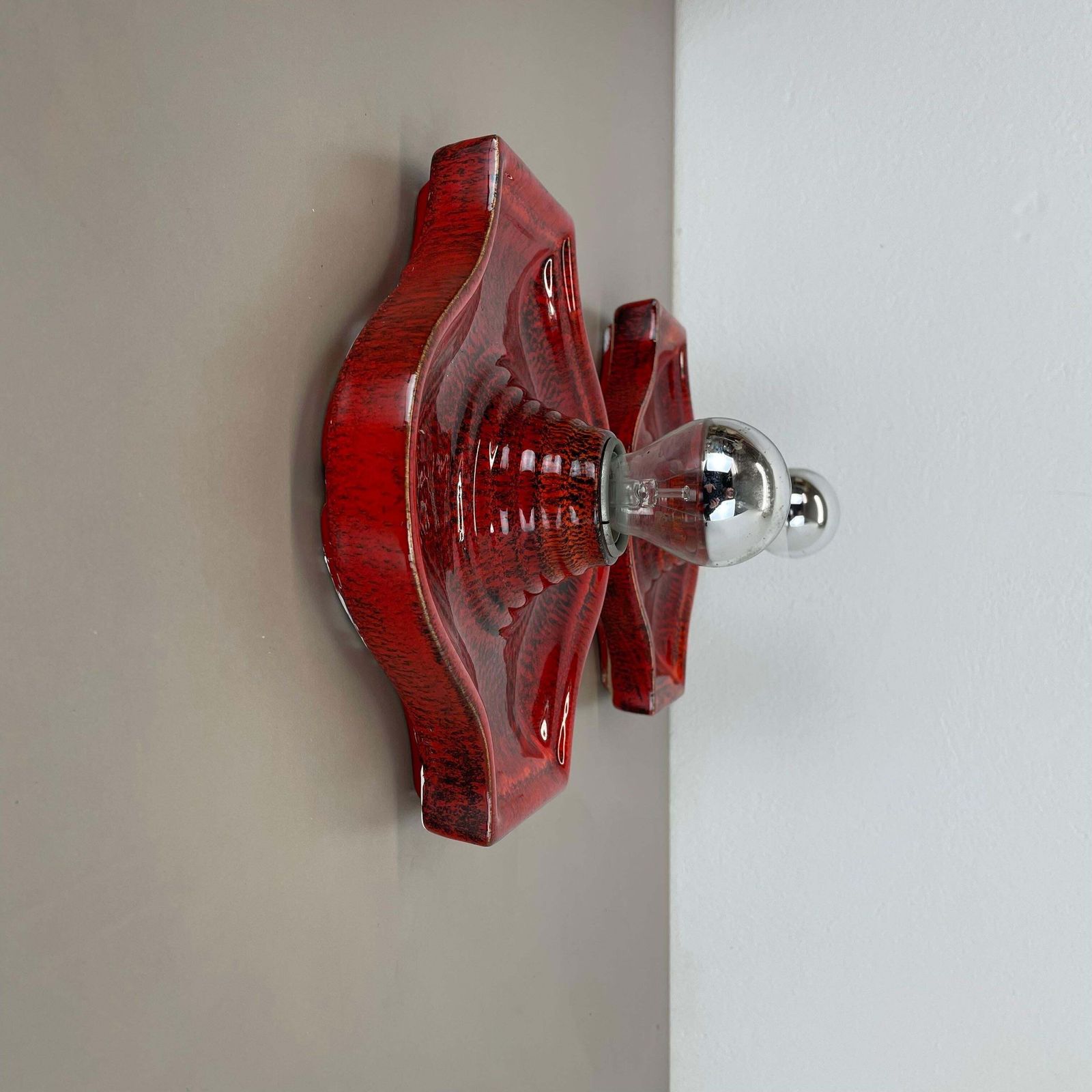 Set Of Two Red Ceramic Fat Lava Wall Lights By Hustadt Lights Germany 1970s photo 841.0