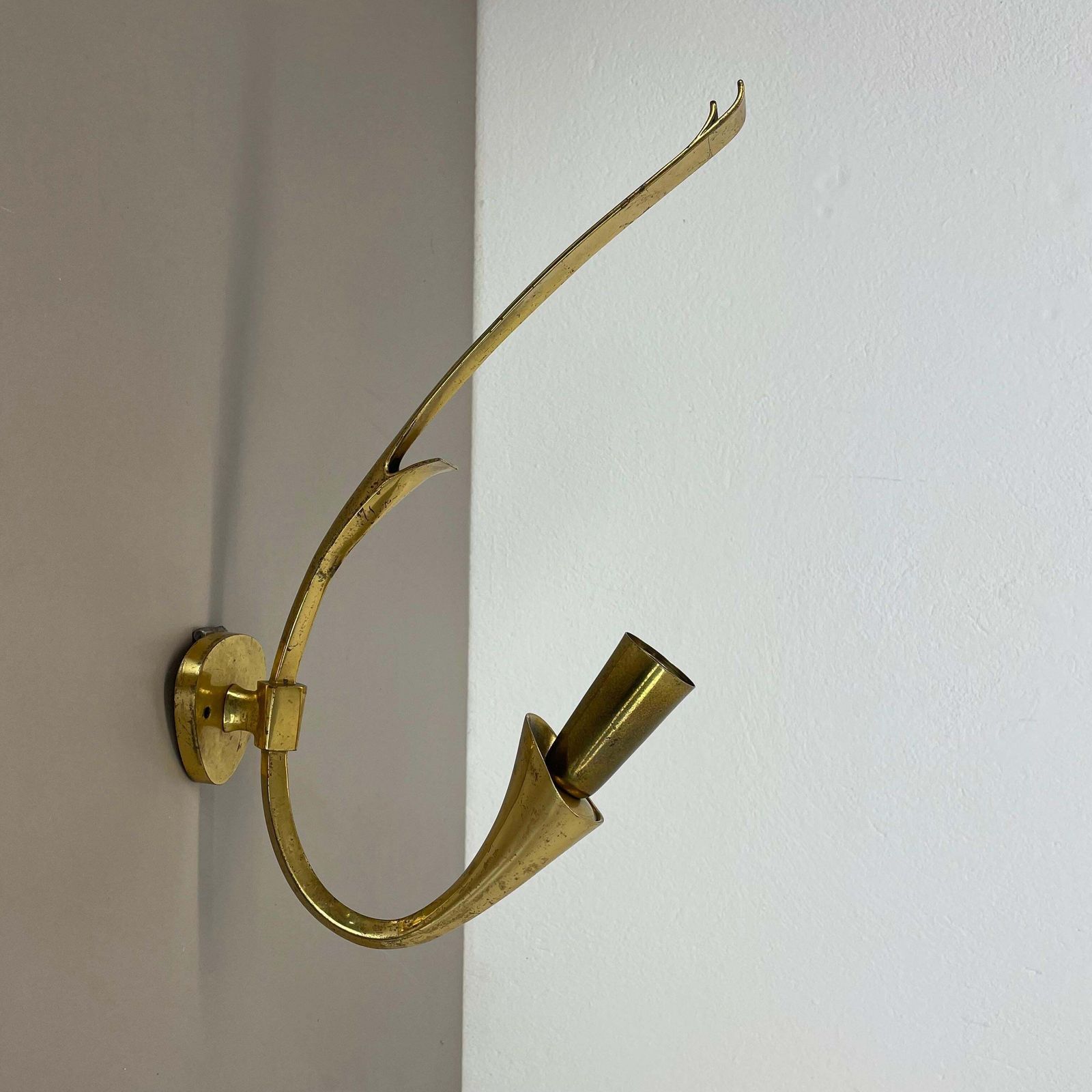 Rare Minimalist 41cm Brass Stilnovo Style Theatre Wall Light Sconce, Italy 1950s photo for sale