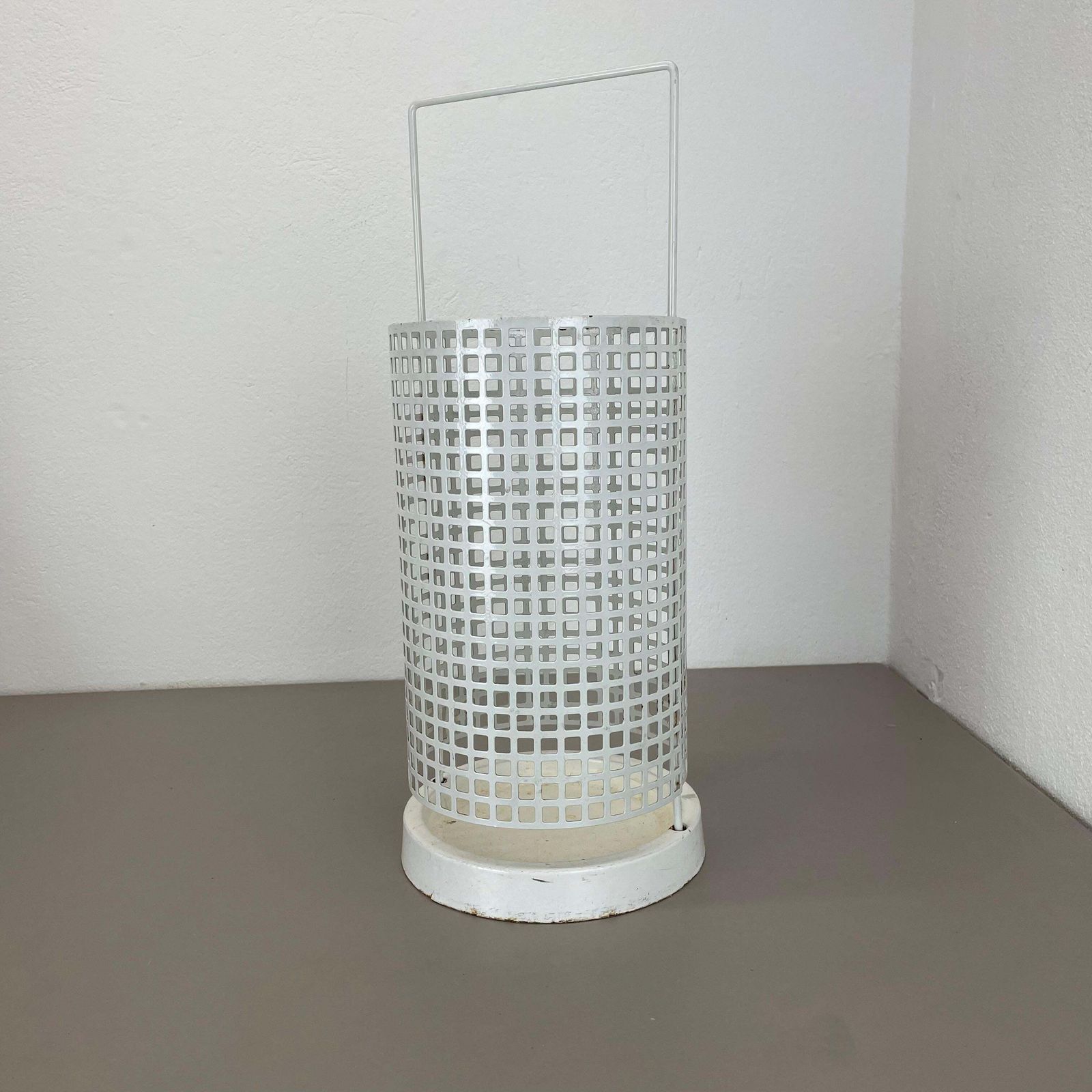 Original Mategot Style Perforated White Metal Umbrella Stand, France, 1970s photo furniture