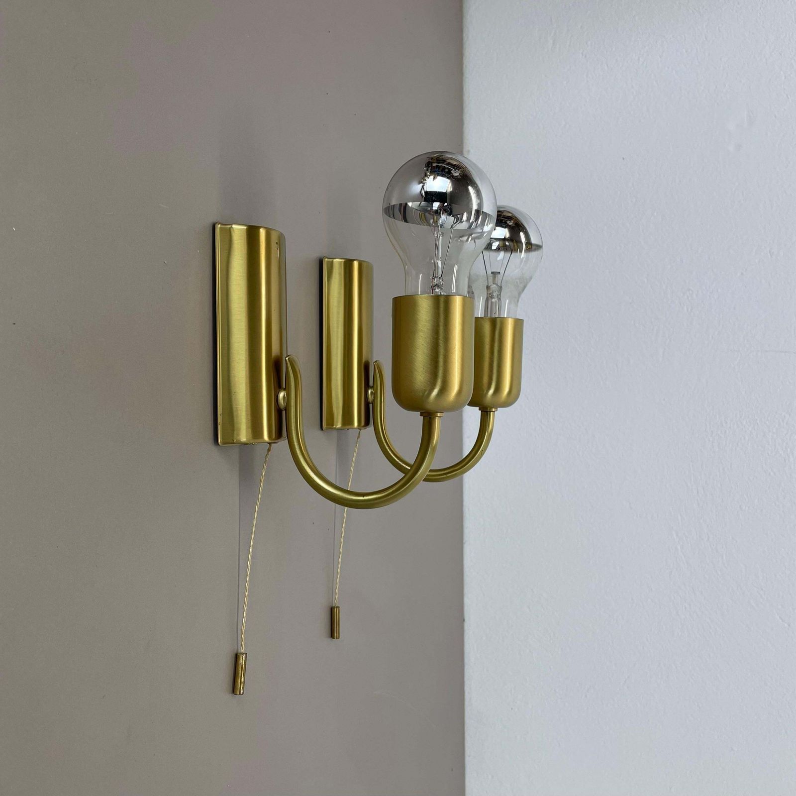 Set Of Two Minimalist Brass Wall Lights Sconces, Italy 1970s photo furniture