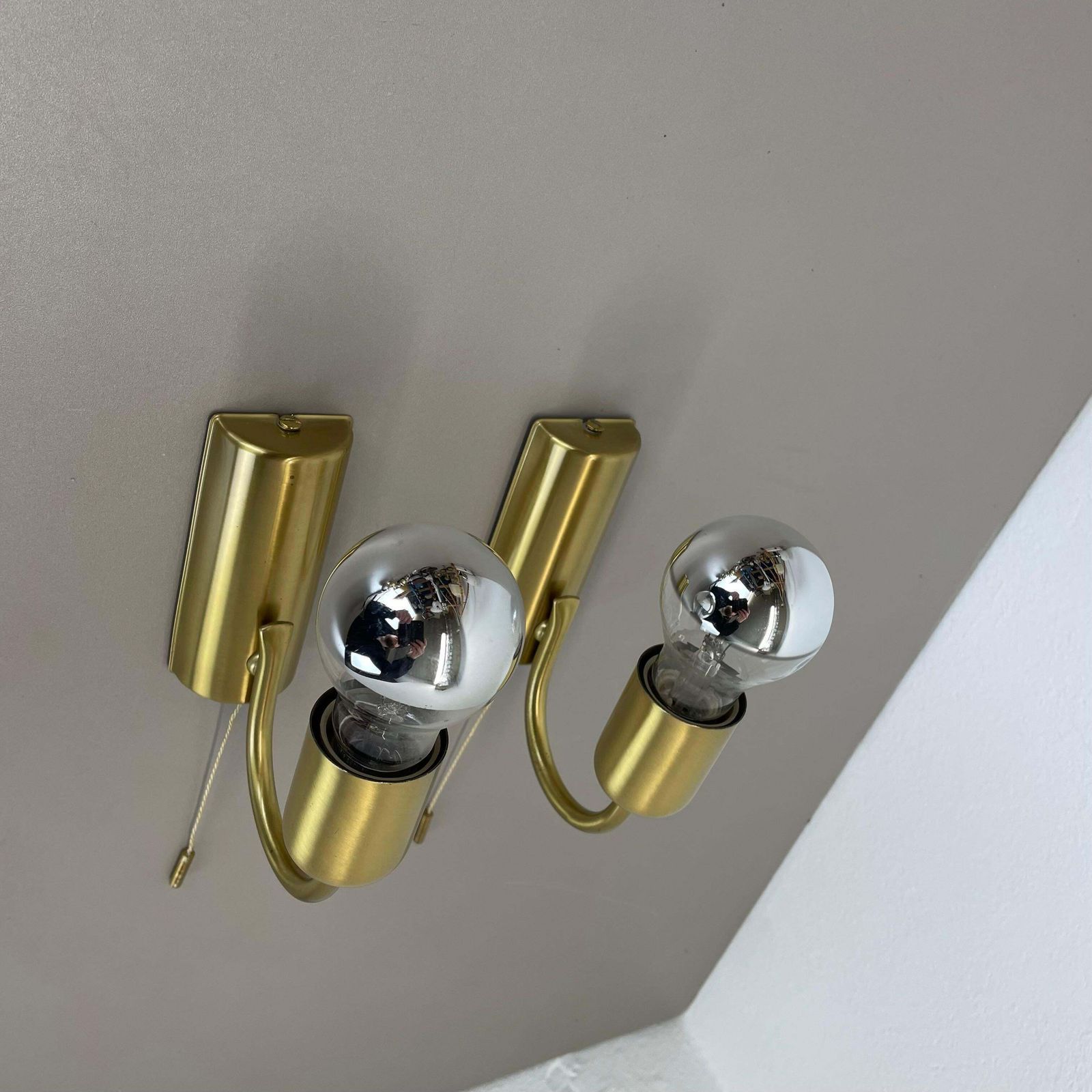 Lighting Set Of Two Minimalist Brass Wall Lights Sconces, Italy 1970s photo