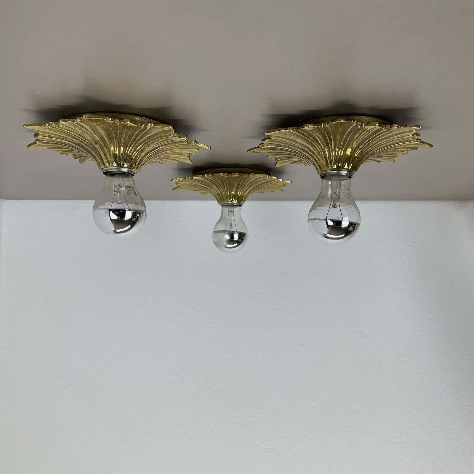 Set Of Three Brutalist Bronze Sunburst Wall Ceiling Light Sconces, Italy 1950s photo 2166.0