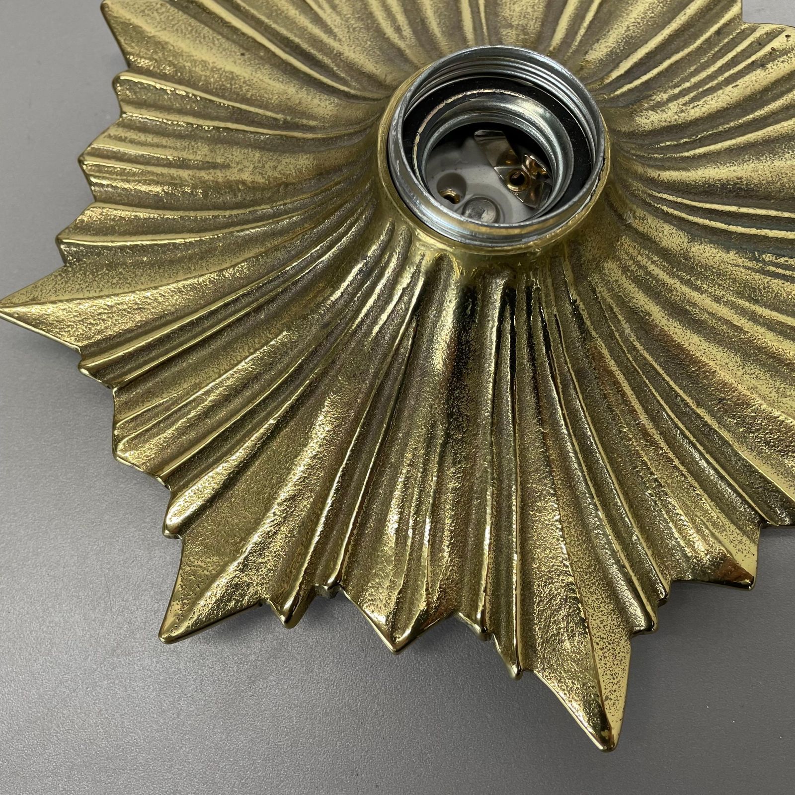 Set Of Three Brutalist Bronze Sunburst Wall Ceiling Light Sconces, Italy 1950s photo vintage