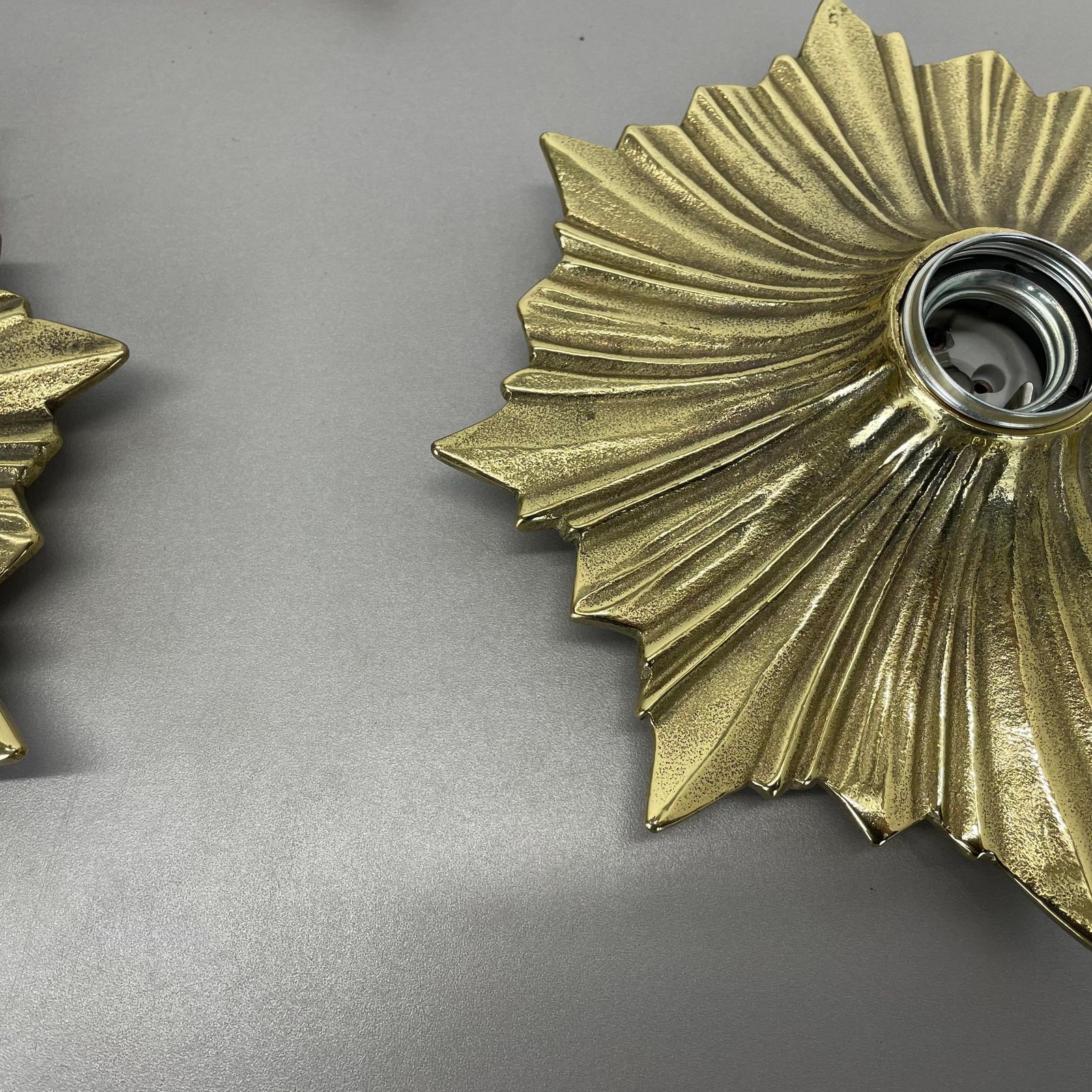 Lighting Set Of Three Brutalist Bronze Sunburst Wall Ceiling Light Sconces, Italy 1950s photo