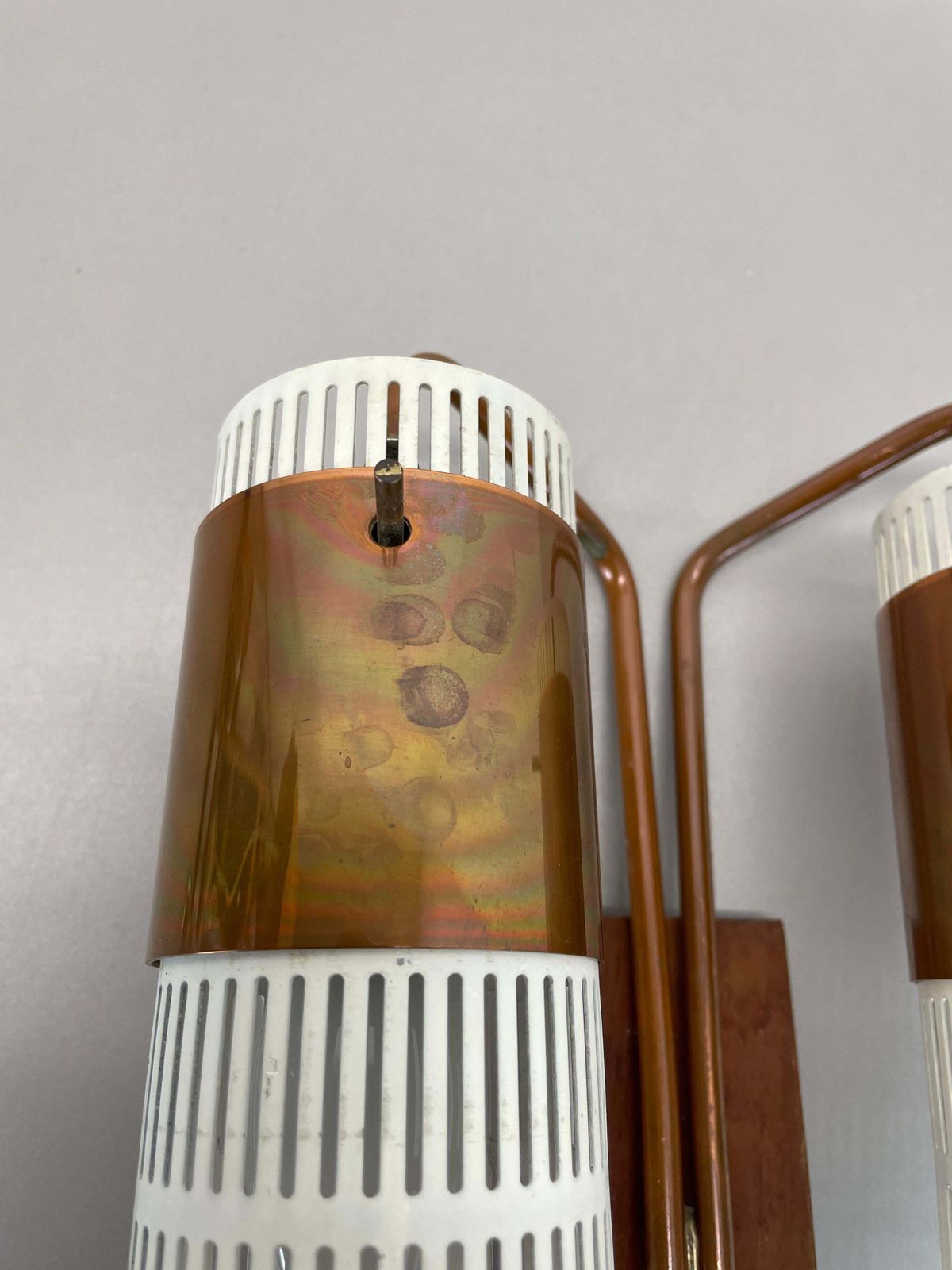 Minimalist Copper And Teak Tube Hole Pattern Wall Light, Denmark, 1970s photo vinterior
