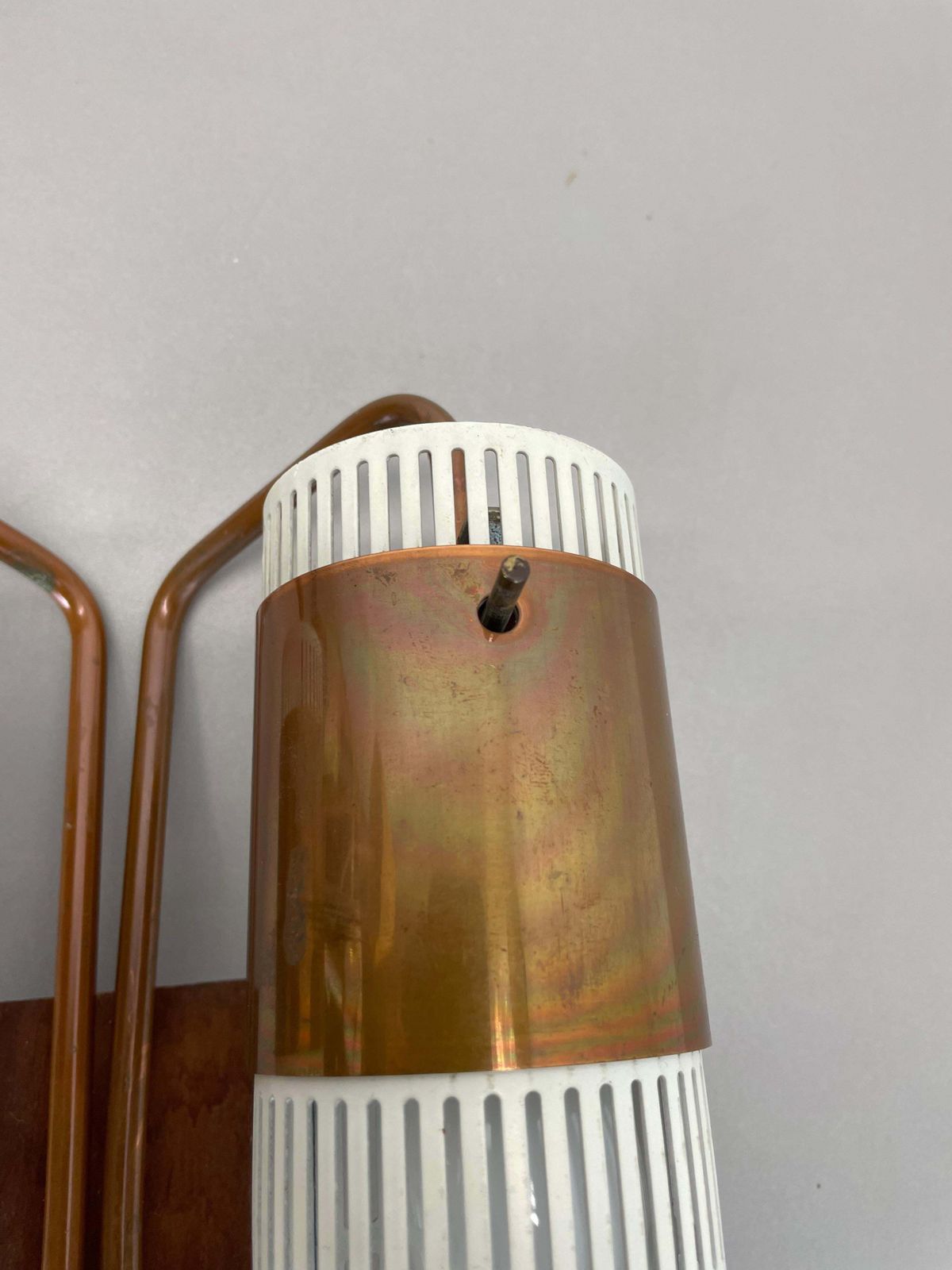 Minimalist Copper And Teak Tube Hole Pattern Wall Light, Denmark, 1970s photo vintage