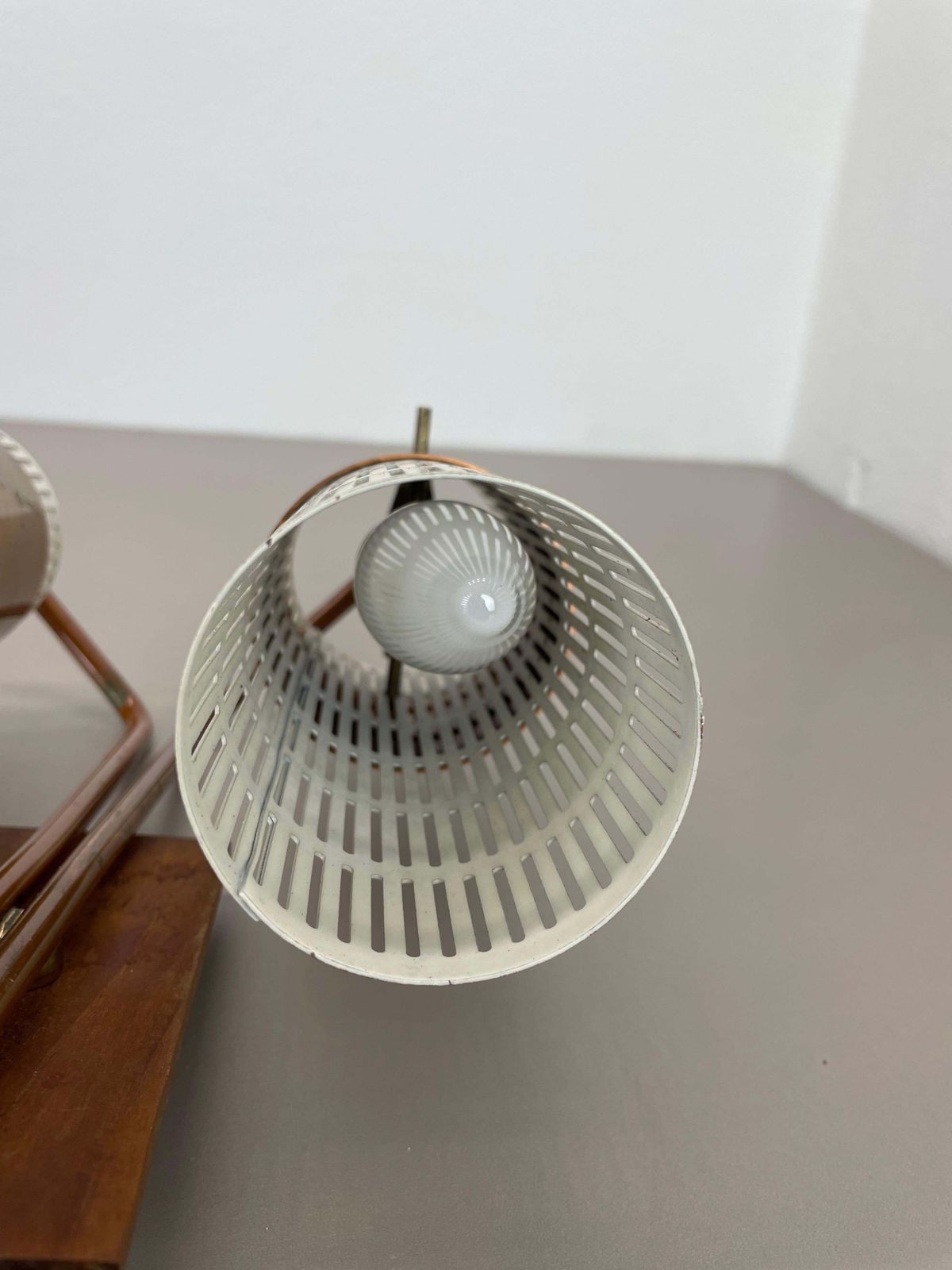 photo for sale Minimalist Copper And Teak Tube Hole Pattern Wall Light, Denmark, 1970s