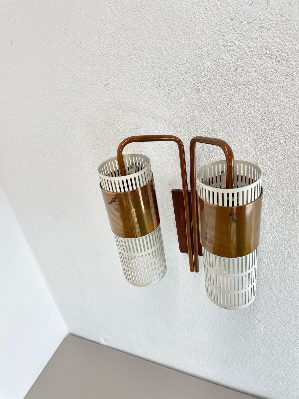 photo buy Minimalist Copper And Teak Tube Hole Pattern Wall Light, Denmark, 1970s