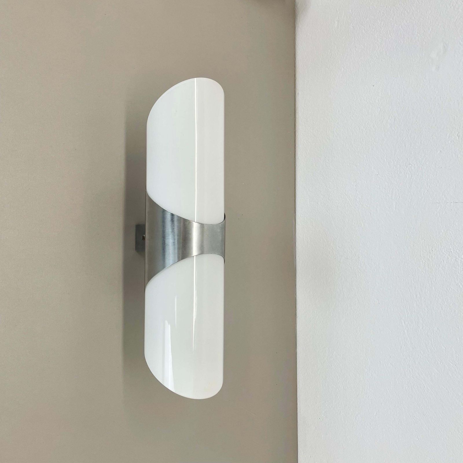 Rare Xxl 40cm Silver Metal And Satin Glass Tube "Torch" Wall Light, Italy 1970s photo for sale