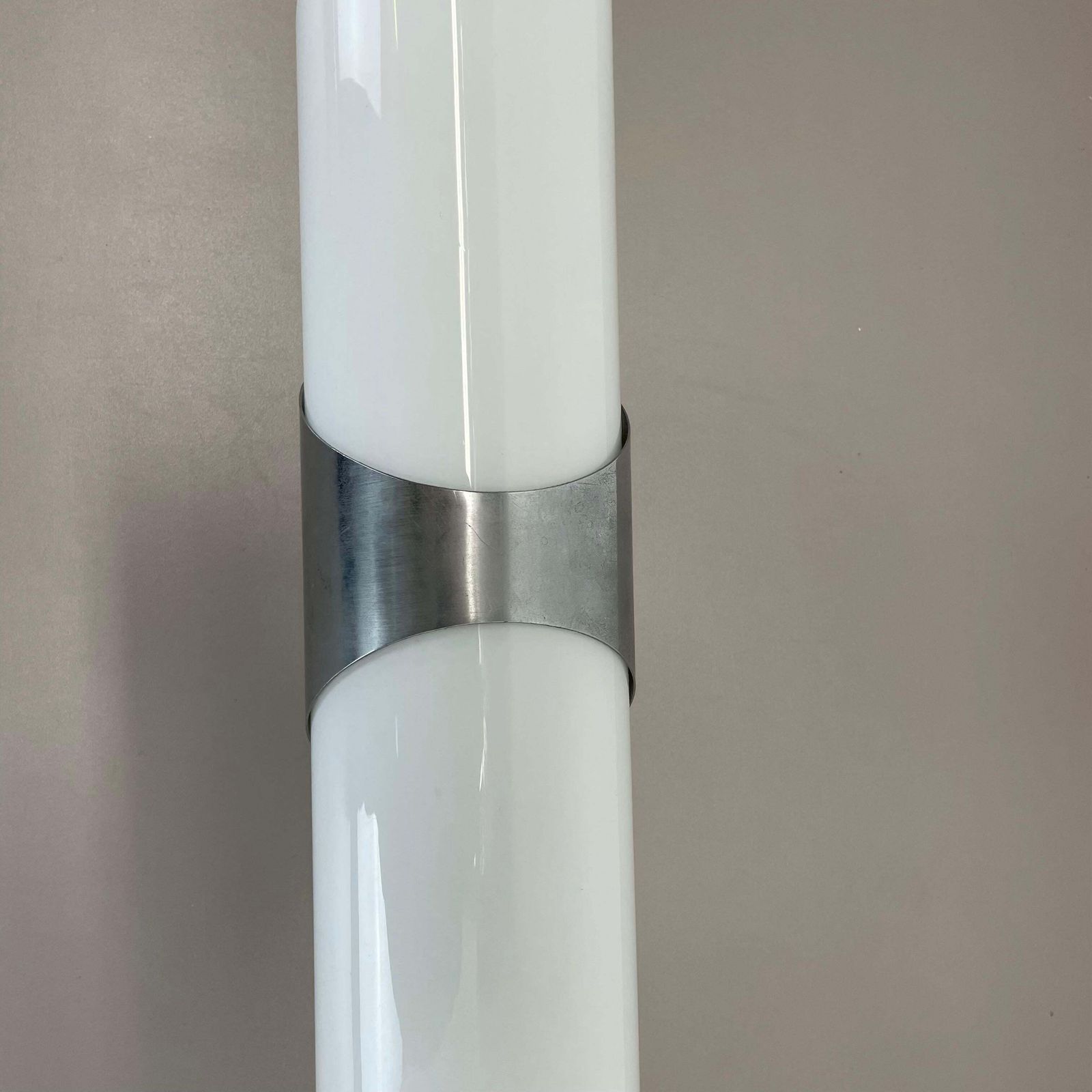 Rare Xxl 40cm Silver Metal And Satin Glass Tube "Torch" Wall Light, Italy 1970s photo vinterior