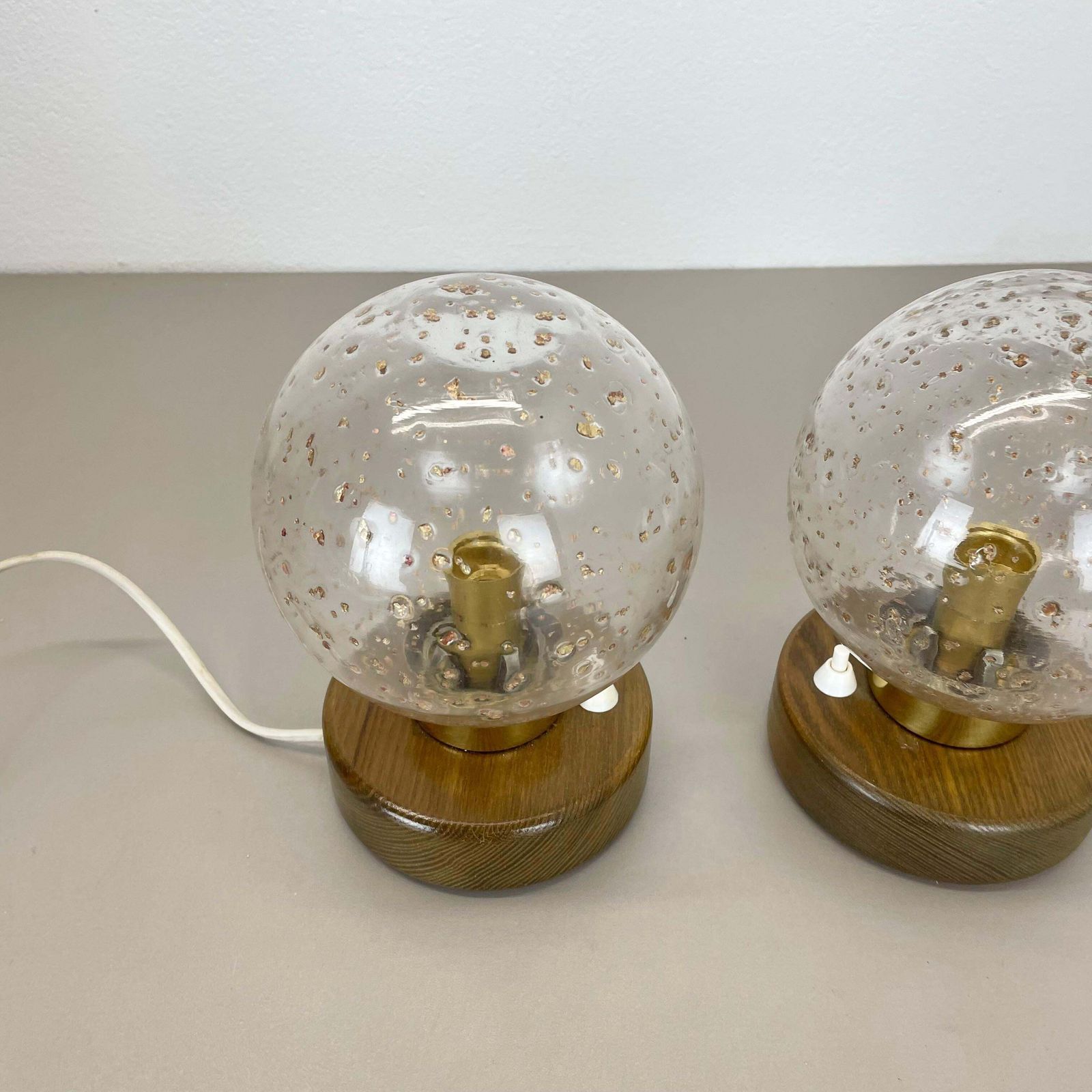 Set Of 2 Glass Ball And Oak Wooden Table Lights By Temde Lights, Germany 1970s photo for sale