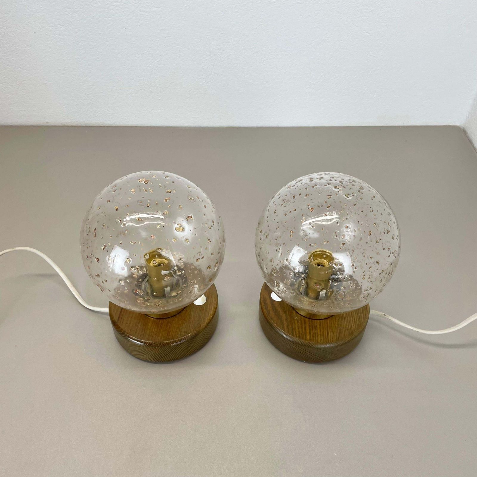 Set Of 2 Glass Ball And Oak Wooden Table Lights By Temde Lights, Germany 1970s photo vinterior