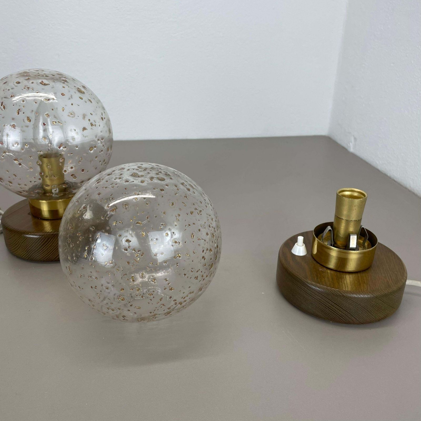 Lighting Set Of 2 Glass Ball And Oak Wooden Table Lights By Temde Lights, Germany 1970s photo
