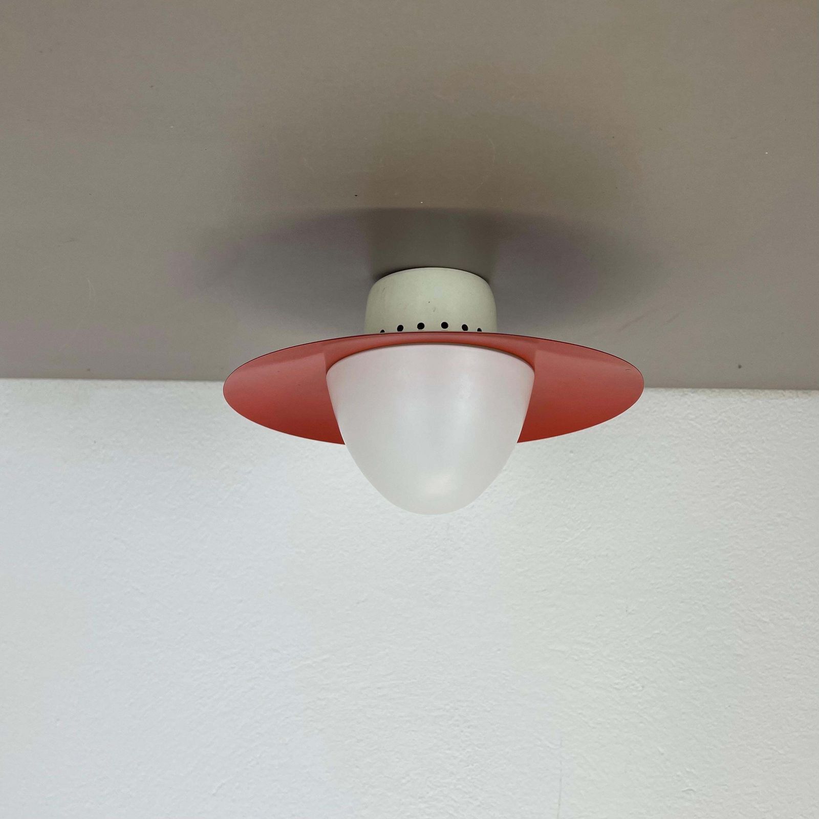 Red Round 20cm Stilnovo Style Metal Opaline Glass Wall Light, Italy, 1960s photo vinterior