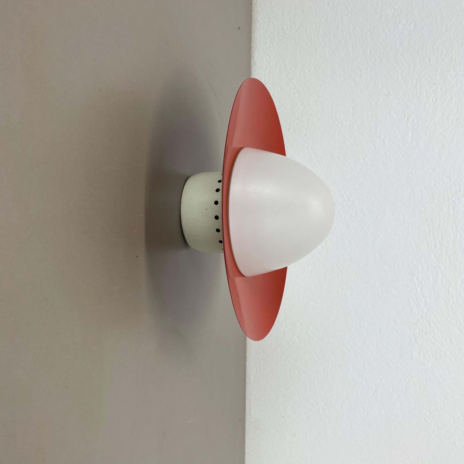 Red Round 20cm Stilnovo Style Metal Opaline Glass Wall Light, Italy, 1960s photo buy