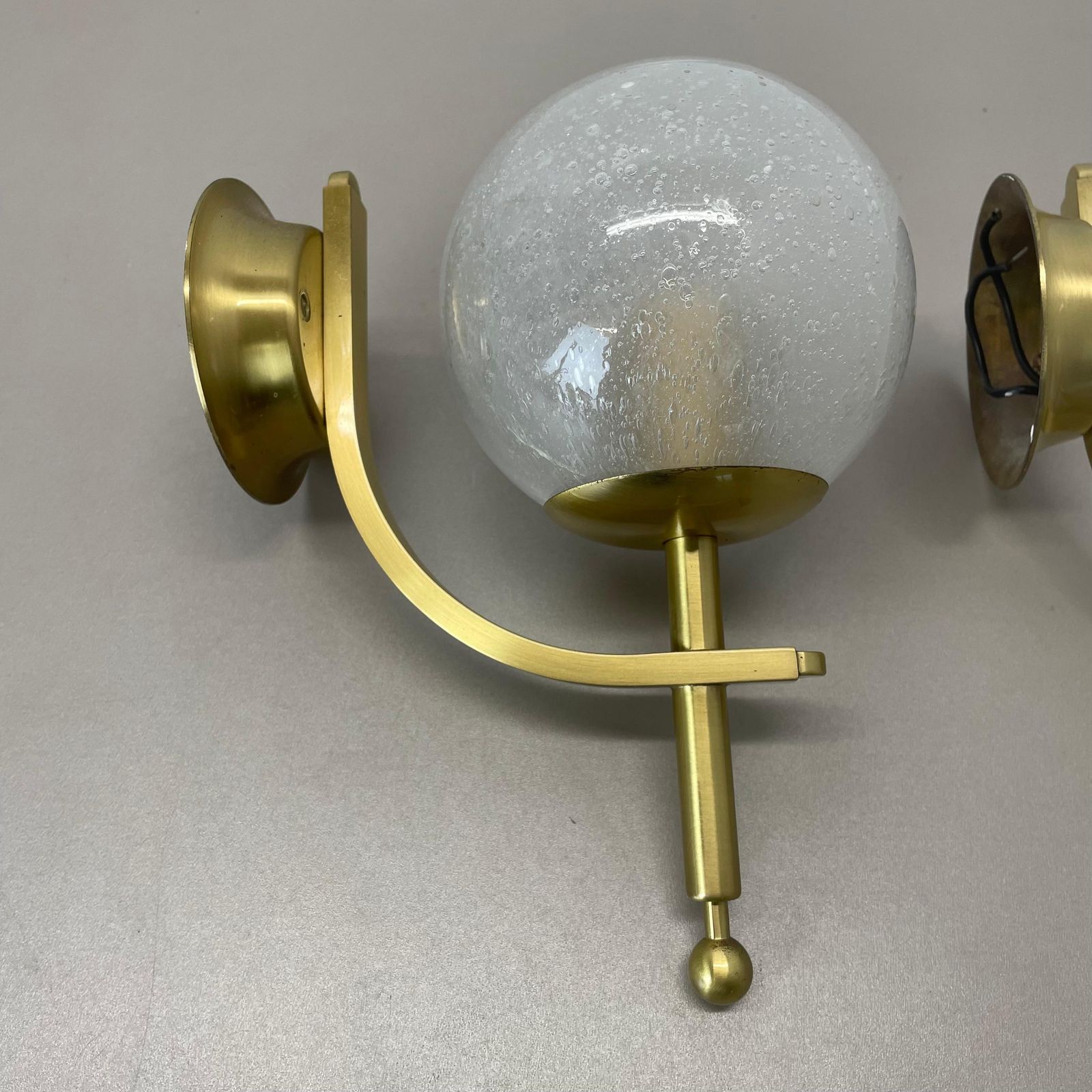 Set Of Two Minimalist Brass And Glass "Ball" Wall Light Sconces, Italy 1970s photo for sale
