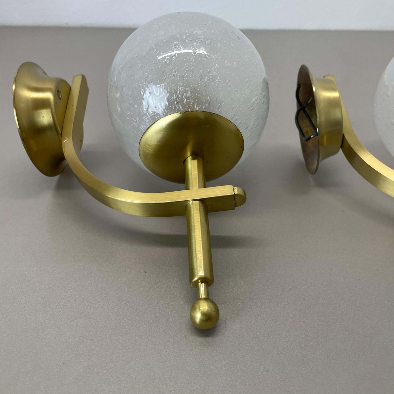 Set Of Two Minimalist Brass And Glass "Ball" Wall Light Sconces, Italy 1970s photo vinterior