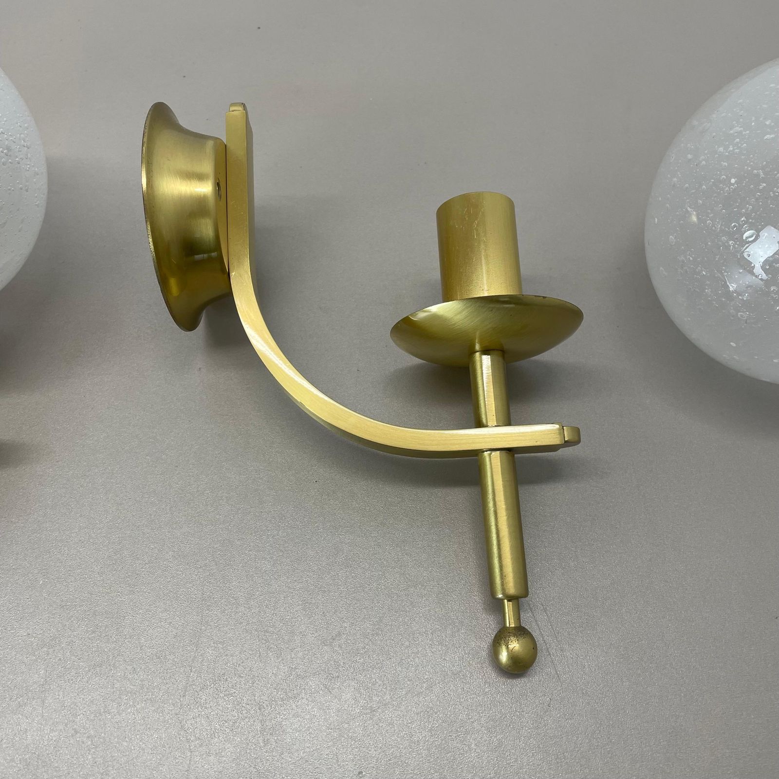 photo for sale Set Of Two Minimalist Brass And Glass "Ball" Wall Light Sconces, Italy 1970s