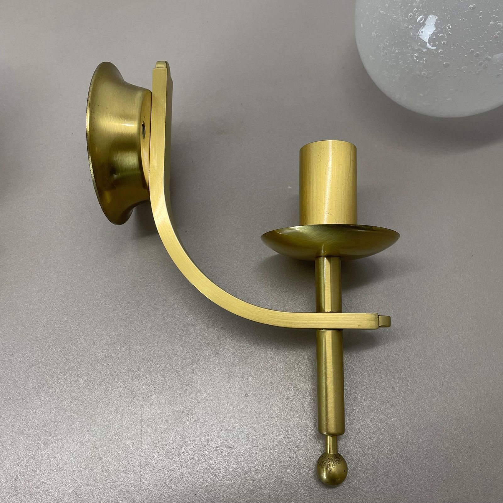 796.0 Set Of Two Minimalist Brass And Glass "Ball" Wall Light Sconces, Italy 1970s photo