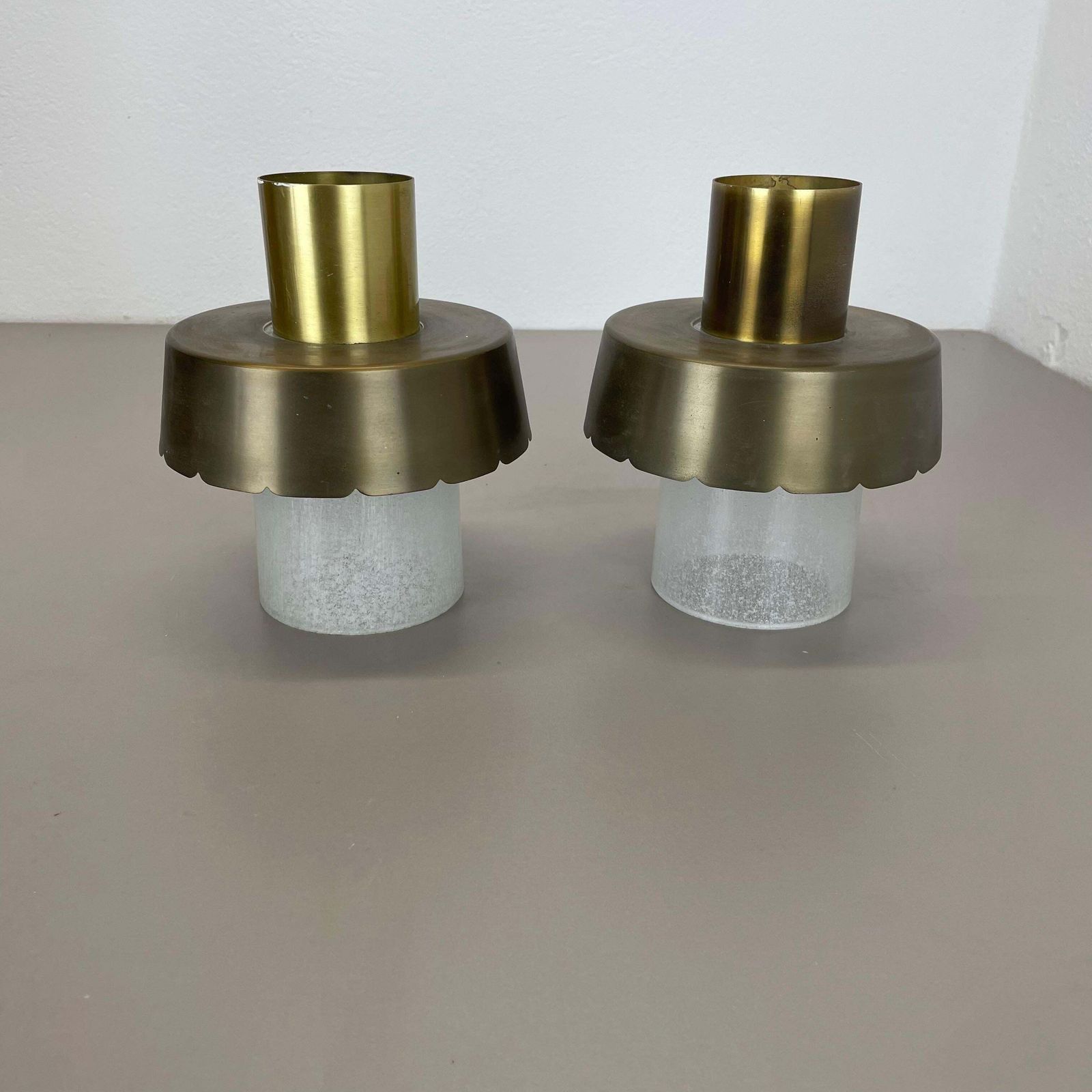 Set Of Two Minimalist Brass And Glass "Tube" Ceiling Light, Italy 1970s photo Lighting