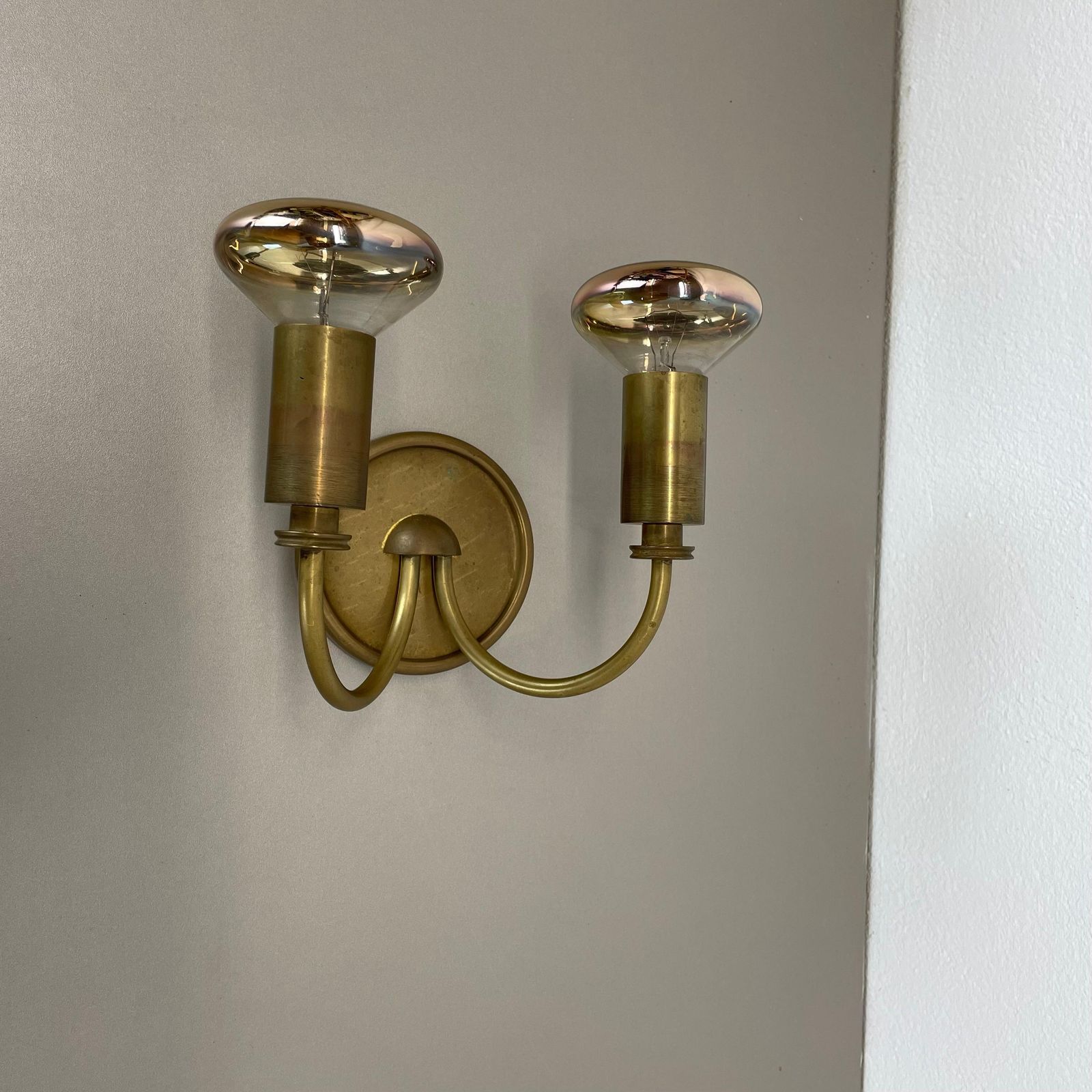 Small 2 Lights Modernist Brass Floral Theatre Wall Light Sconce, France, 1950s photo furniture
