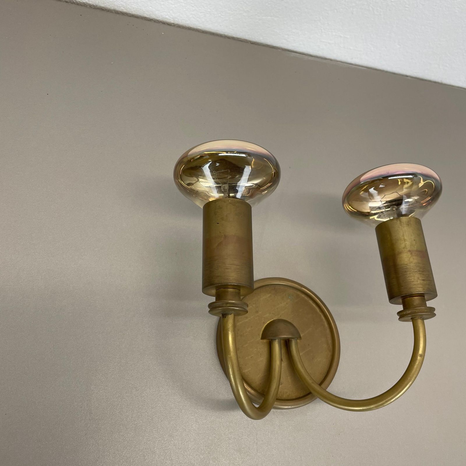 Small 2 Lights Modernist Brass Floral Theatre Wall Light Sconce, France, 1950s photo vintage