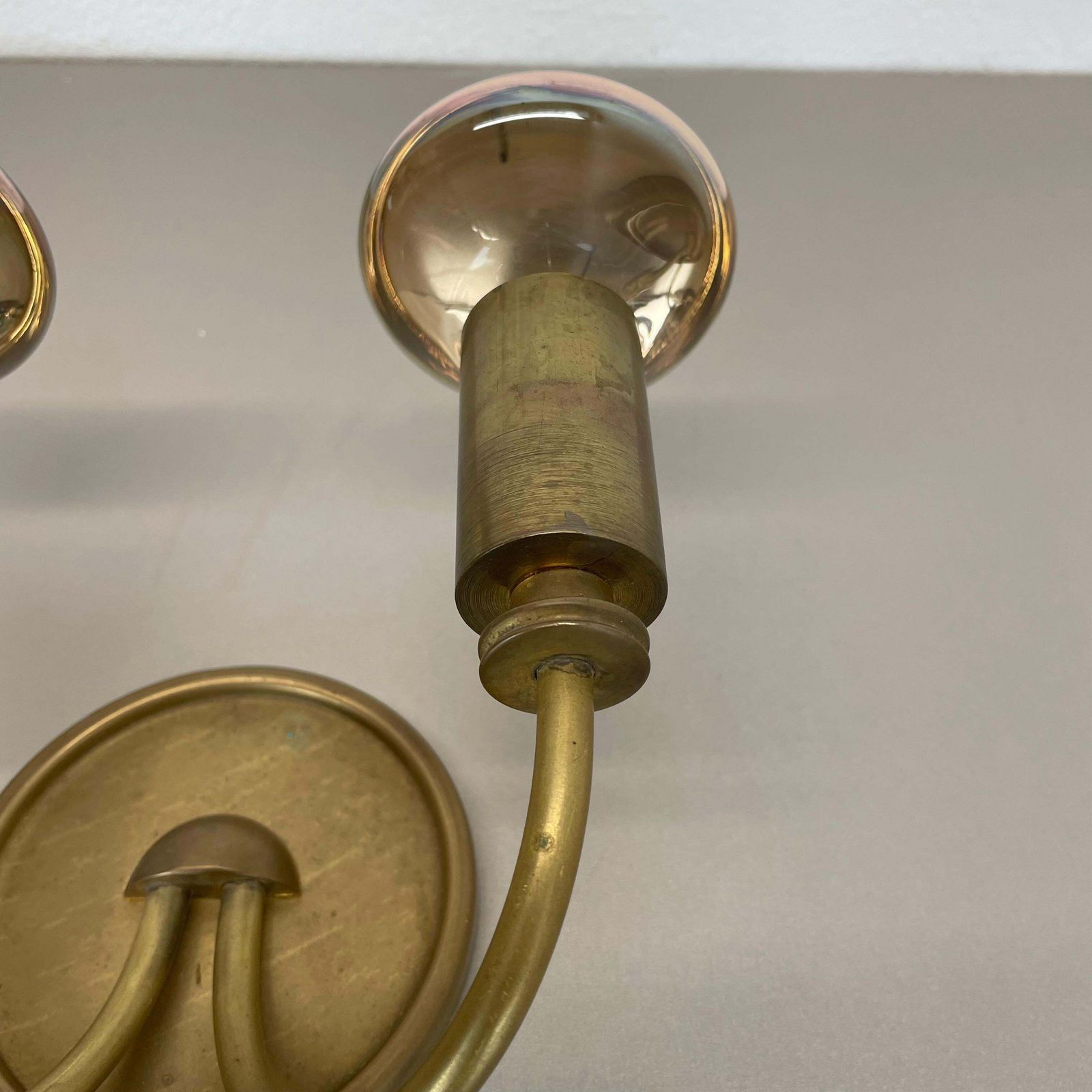 photo furniture Small 2 Lights Modernist Brass Floral Theatre Wall Light Sconce, France, 1950s