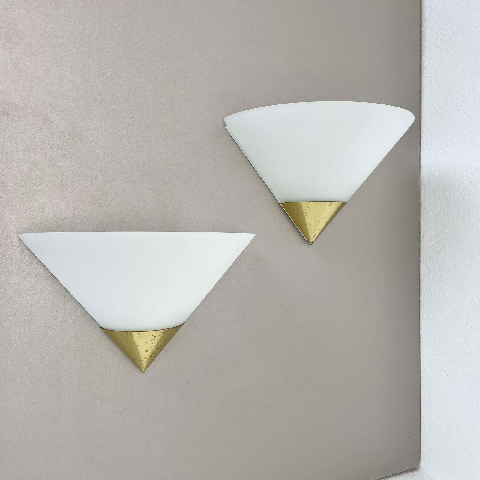 Set Of 2 Brass And Satin Glass Wall Lights By Glashütte Limburg, Germany, 1980s photo furniture