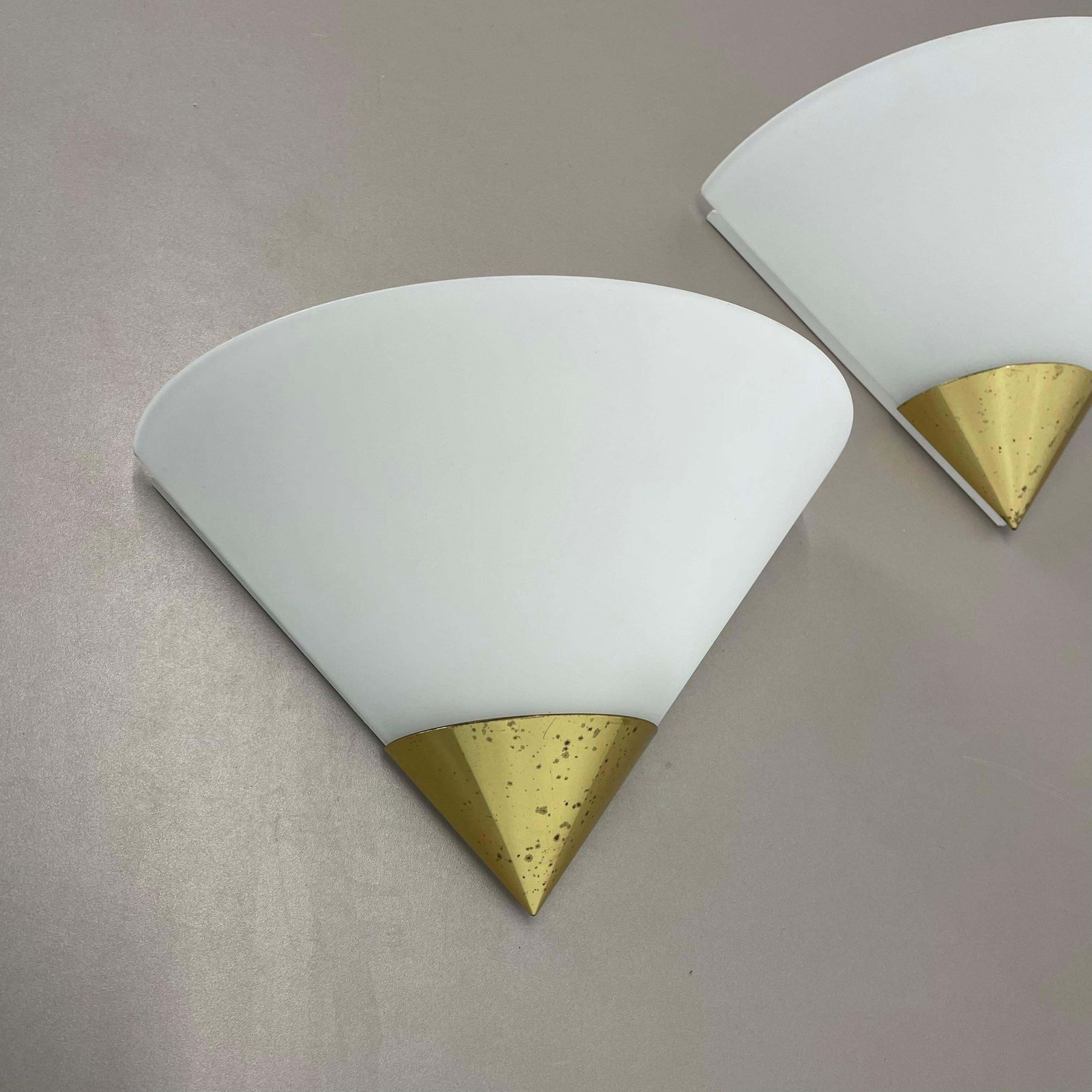 Set Of 2 Brass And Satin Glass Wall Lights By Glashütte Limburg, Germany, 1980s photo Lighting