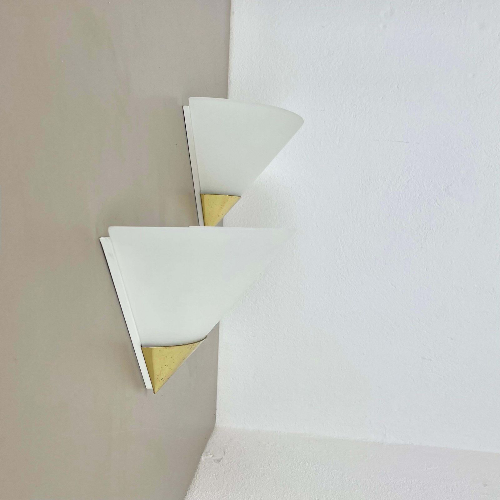 Set Of 2 Brass And Satin Glass Wall Lights By Glashütte Limburg, Germany, 1980s photo buy