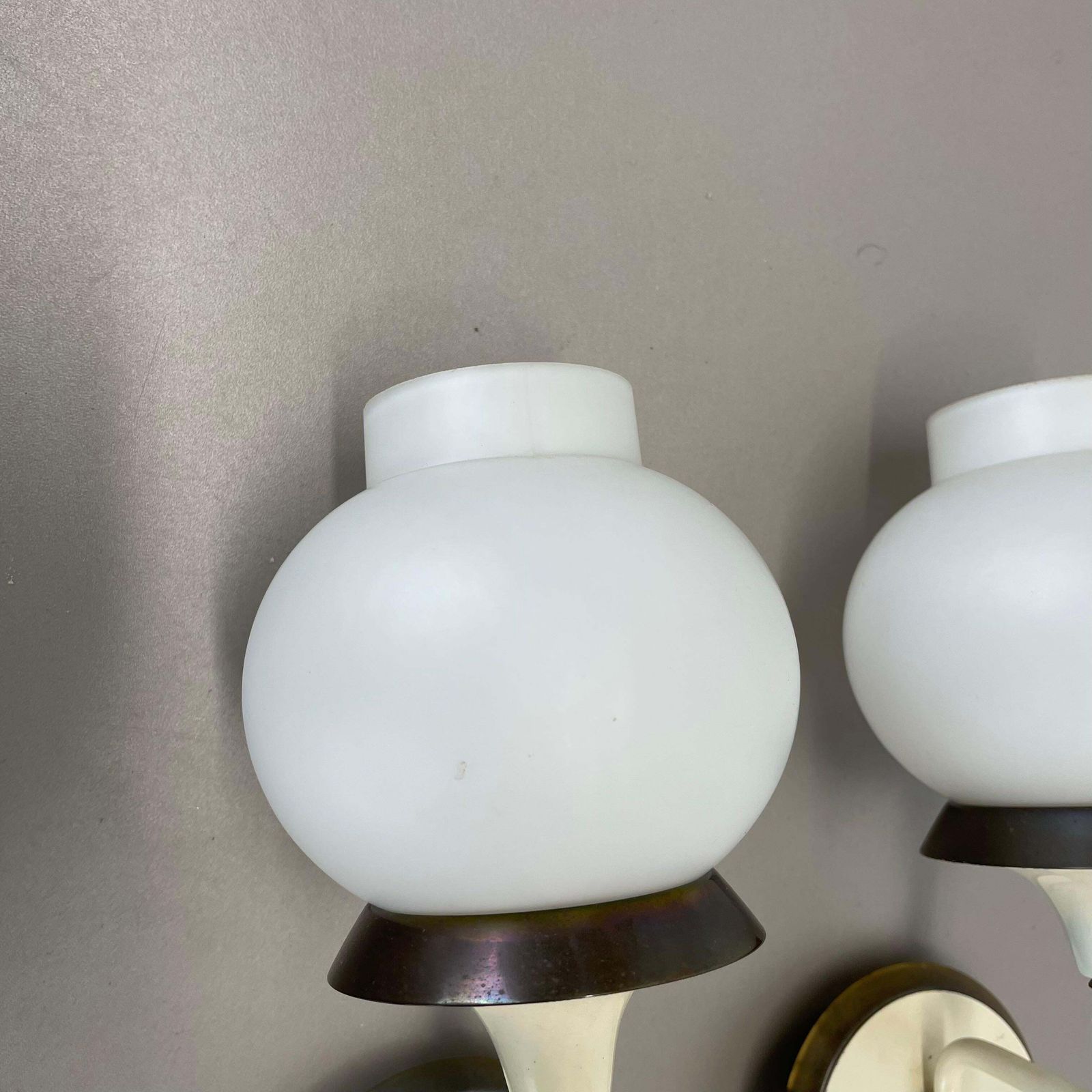Set Of Two Brutalist Brass And White Glass Wall Light Sconces, France 1960s photo for sale